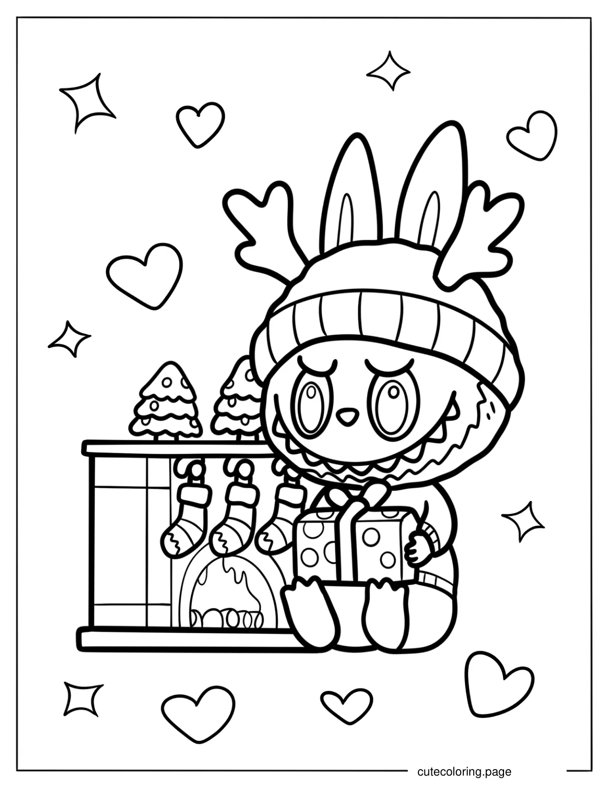 Christmas Labubu Holding A Present Beside A Fireplace coloring page