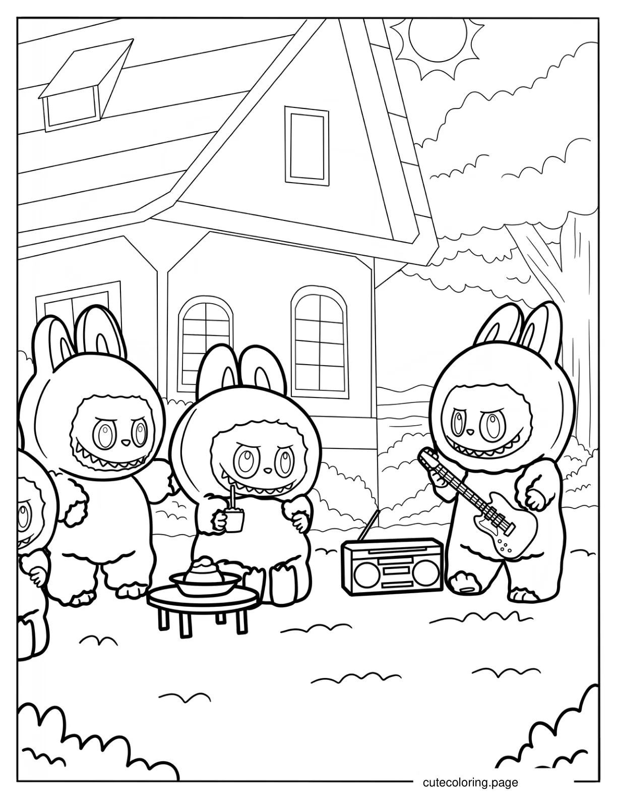 Labubu Elves Lounging In The Garden With Food And Music coloring page