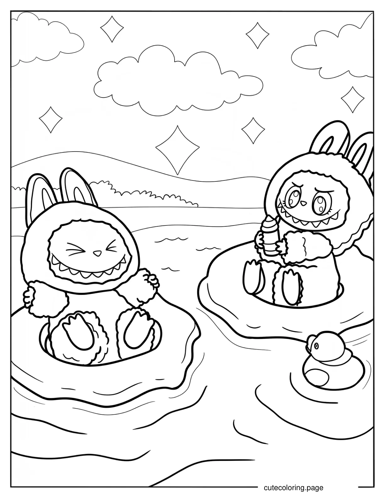 Labubu Sitting On Floaties In The Ocean Coloring Sheet coloring page