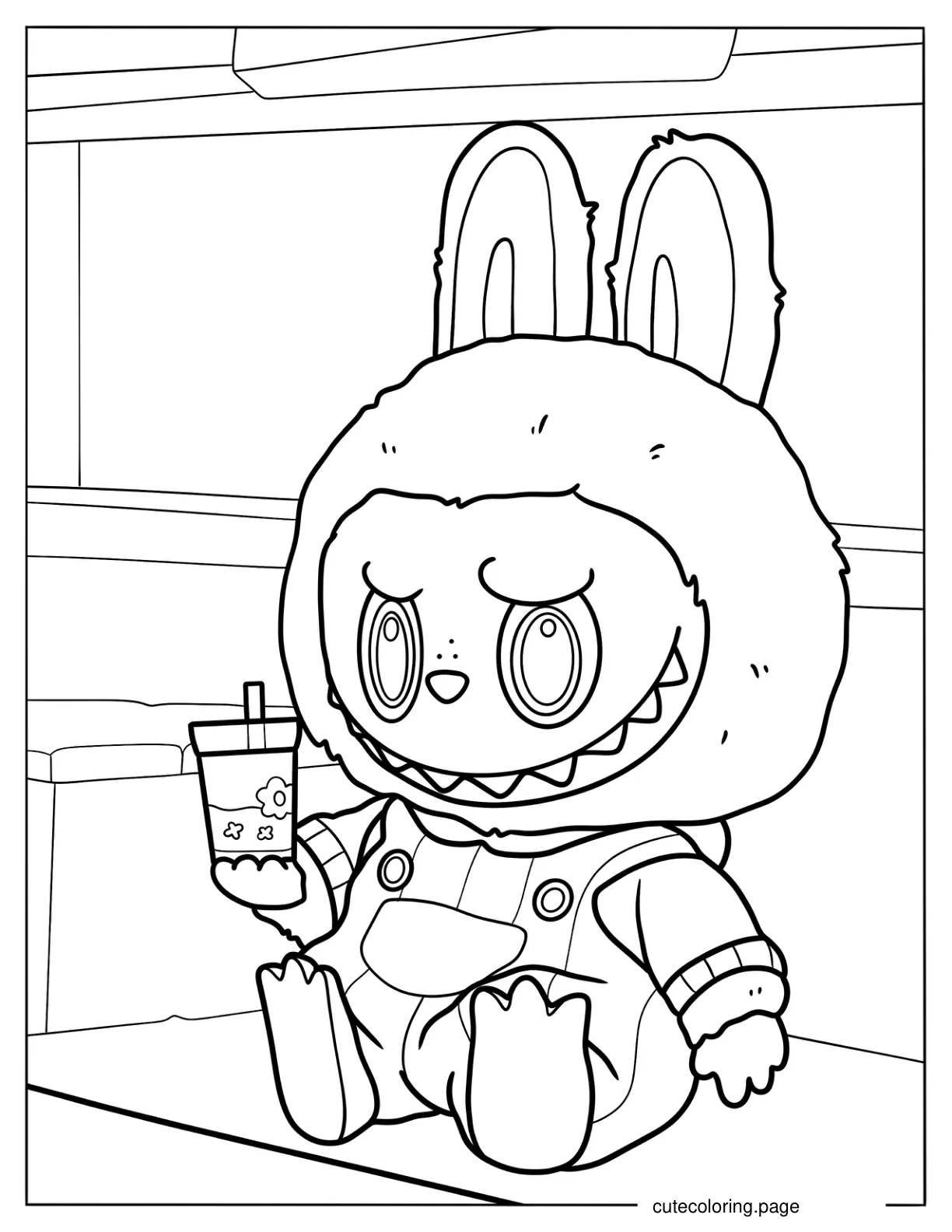 Labubu Zimomo Holding A Drink Coloring Page For Kids coloring page