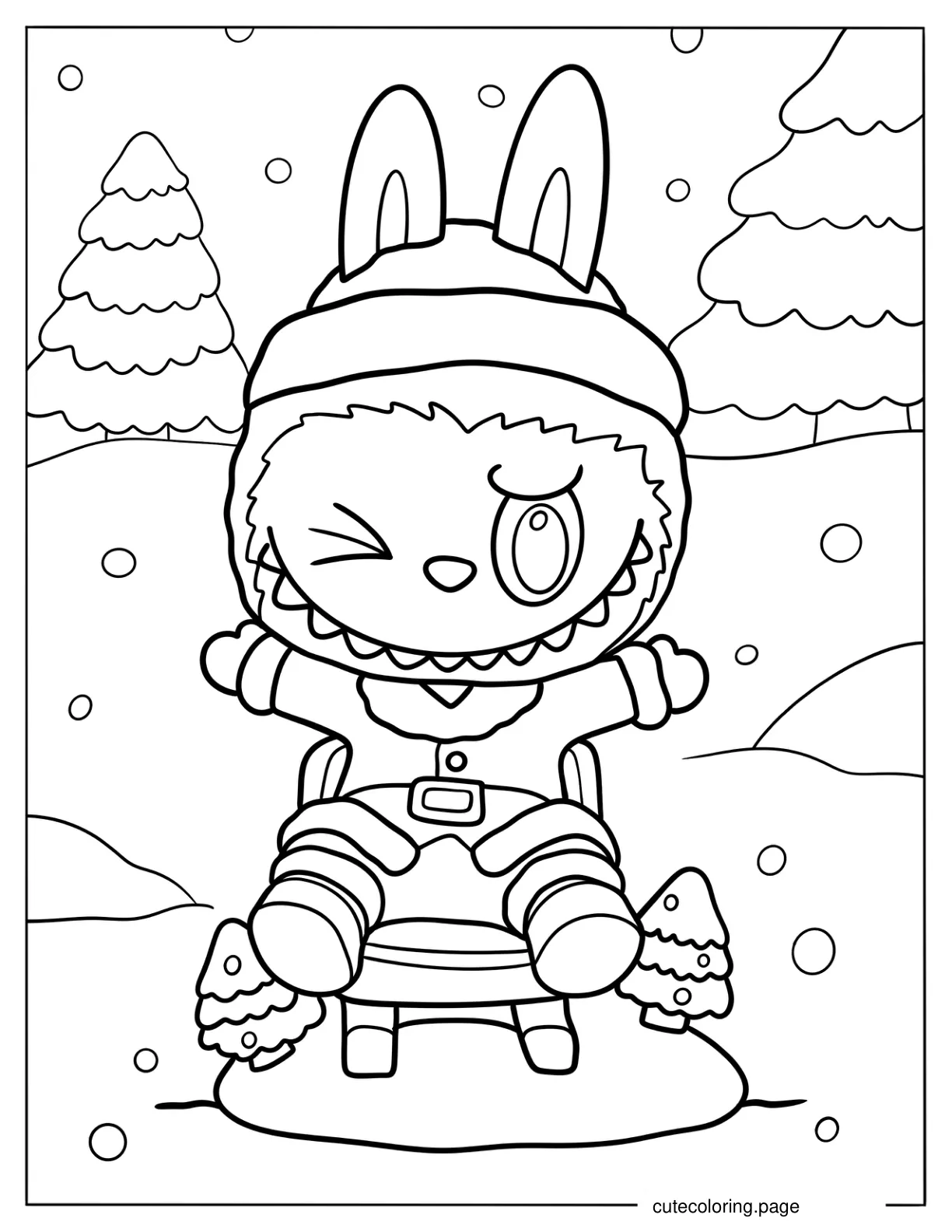 Santa Labubu Sitting In The Snow coloring page