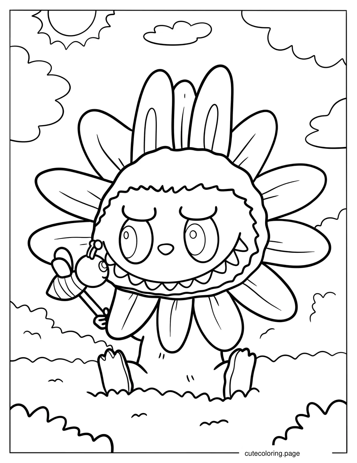 Sunflower Labubu With A Bee Coloring Sheet coloring page
