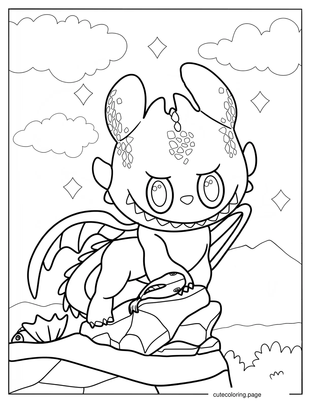 Toothless Labubu On A Rock Coloring Sheet For Kids coloring page