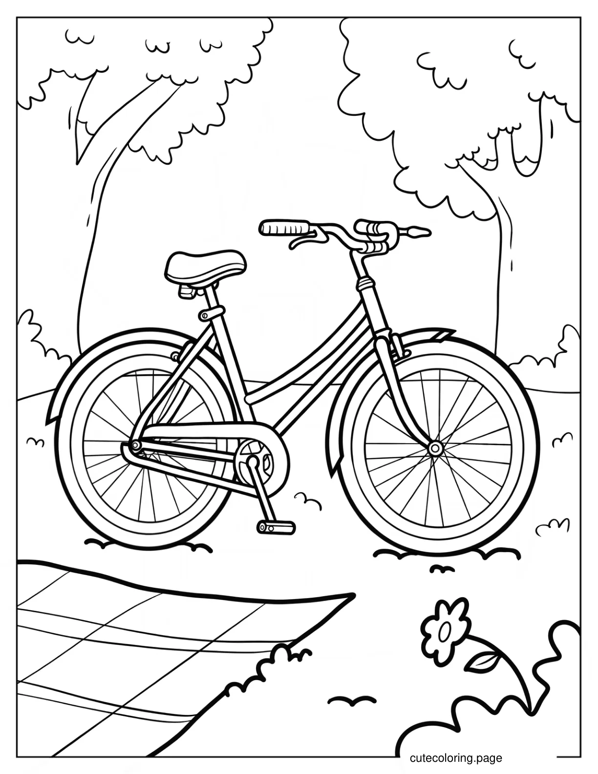 Adult Bicycle Parked Beside Picnic Mat coloring page