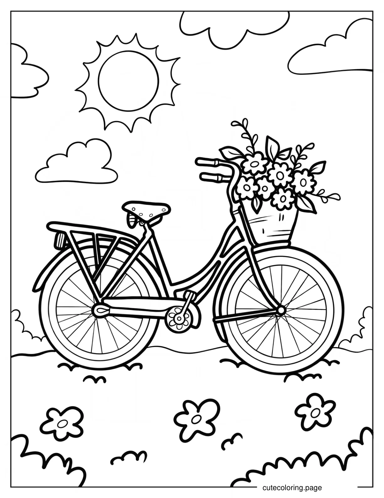 Cute Bicycle With Basket Full Of Flowers Coloring Sheet For Kids coloring page