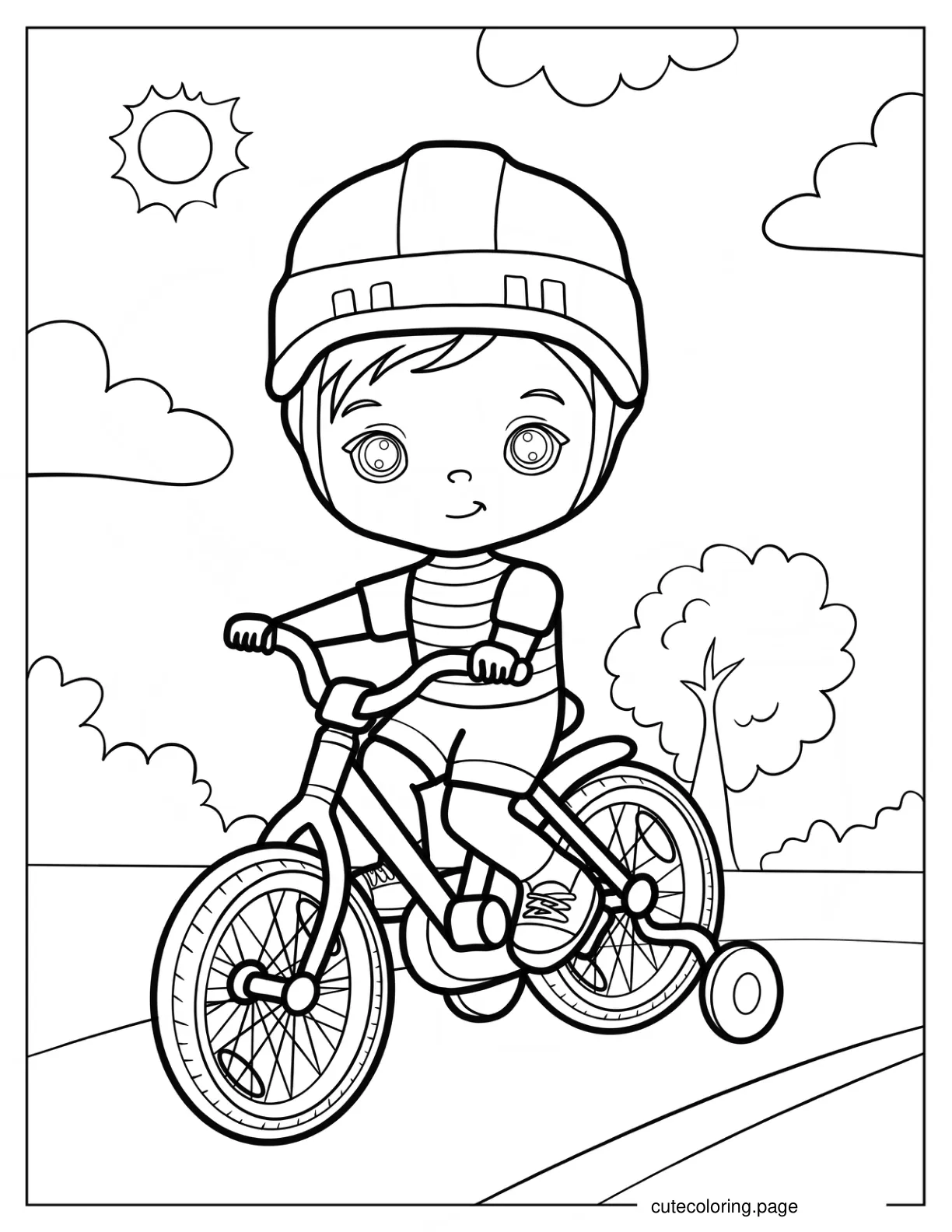 Kawaii Little Boy Riding Bicycle With Training Wheels Coloring Sheet For Preschoolers coloring page