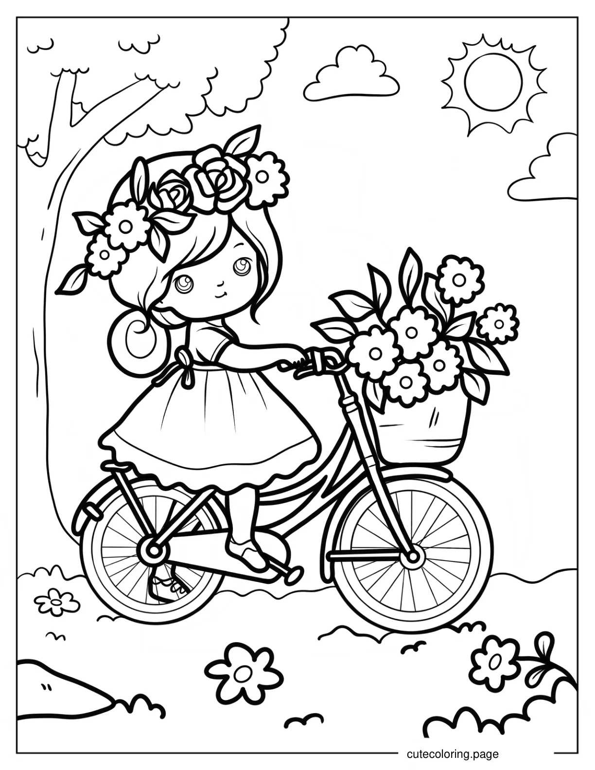 Kawaii Little Girl Riding Bicycle With Flowers Coloring Page For Kids coloring page