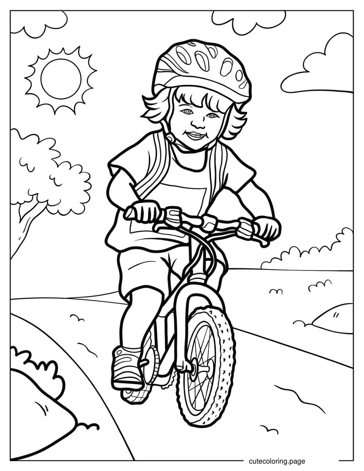 Realistic Little Boy Riding Bicycle In A Park coloring page