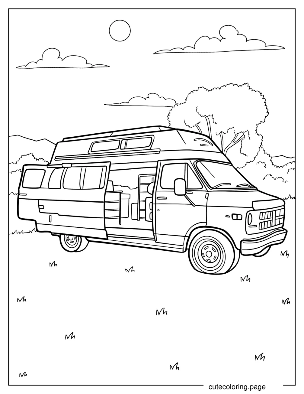 Campervan With Open Door Coloring Sheet coloring page