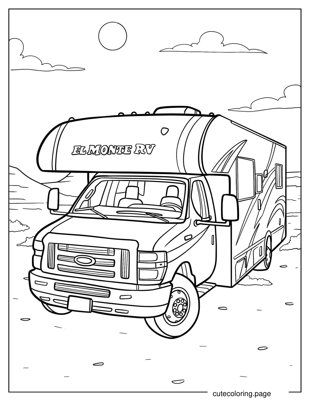 El Monte RV Parked In The Desert Coloring Page For Kids coloring page