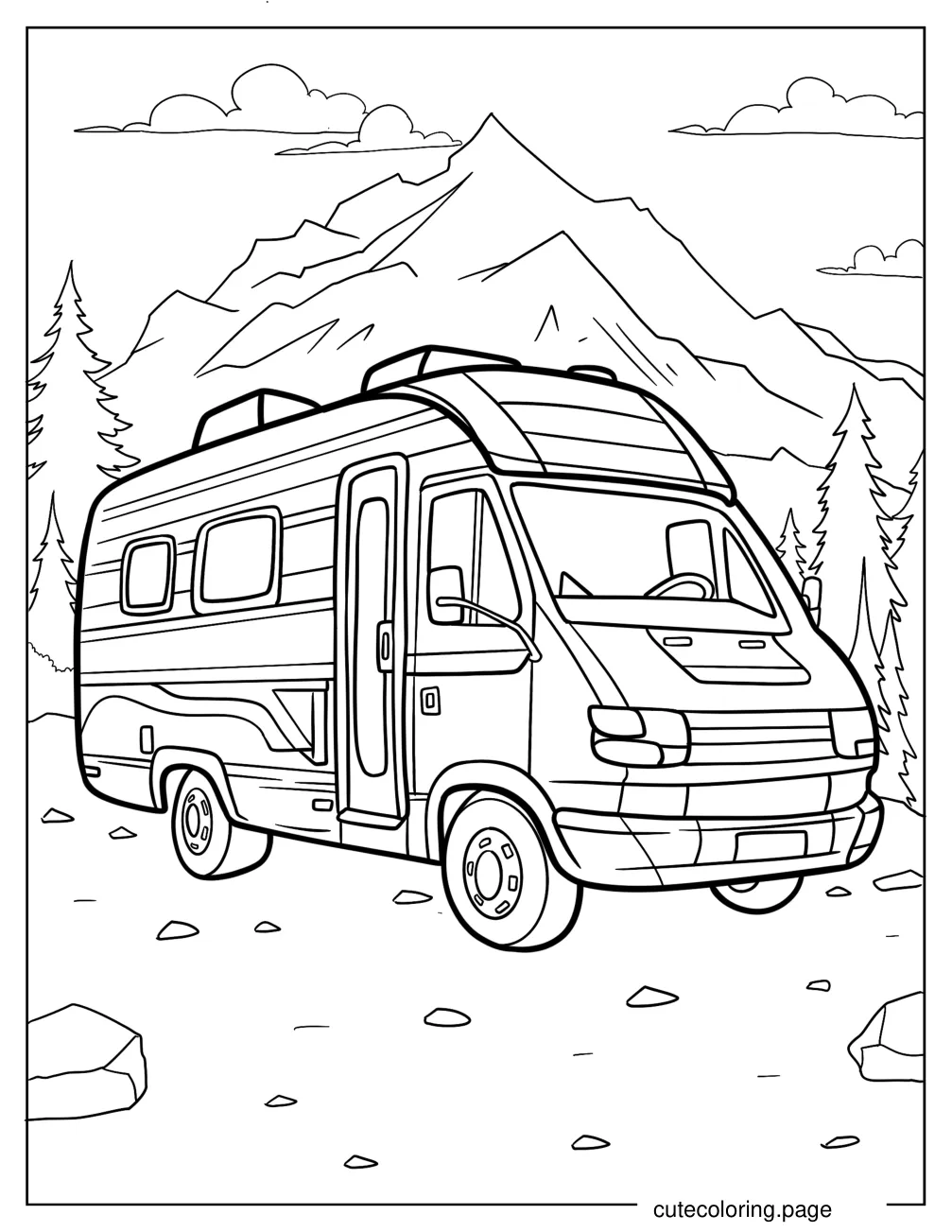 RV Parked In The Forest With Mountain Background coloring page