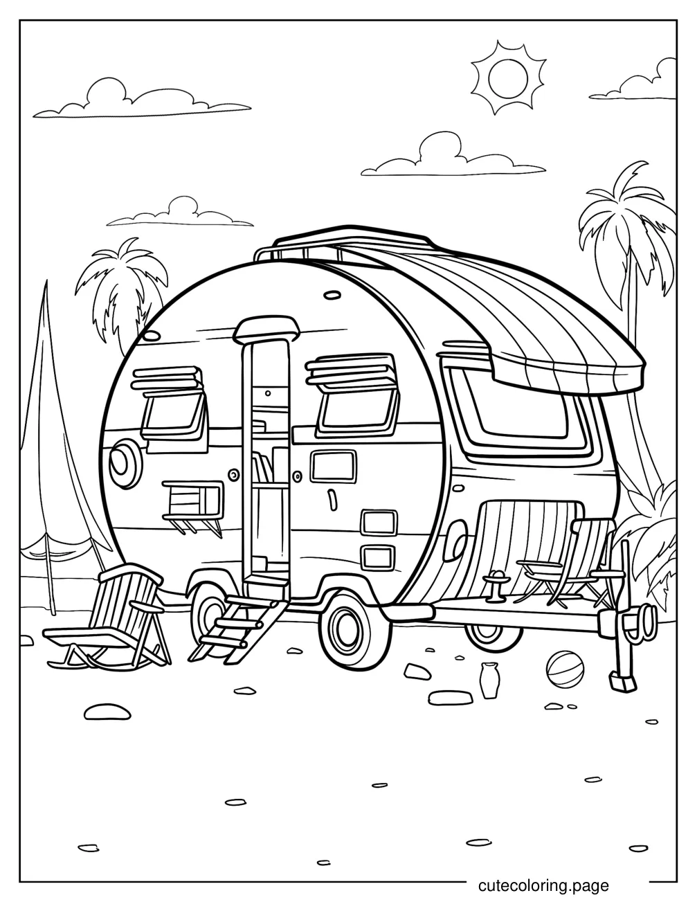 Round Campervan With Beach Chairs Coloring Sheet coloring page