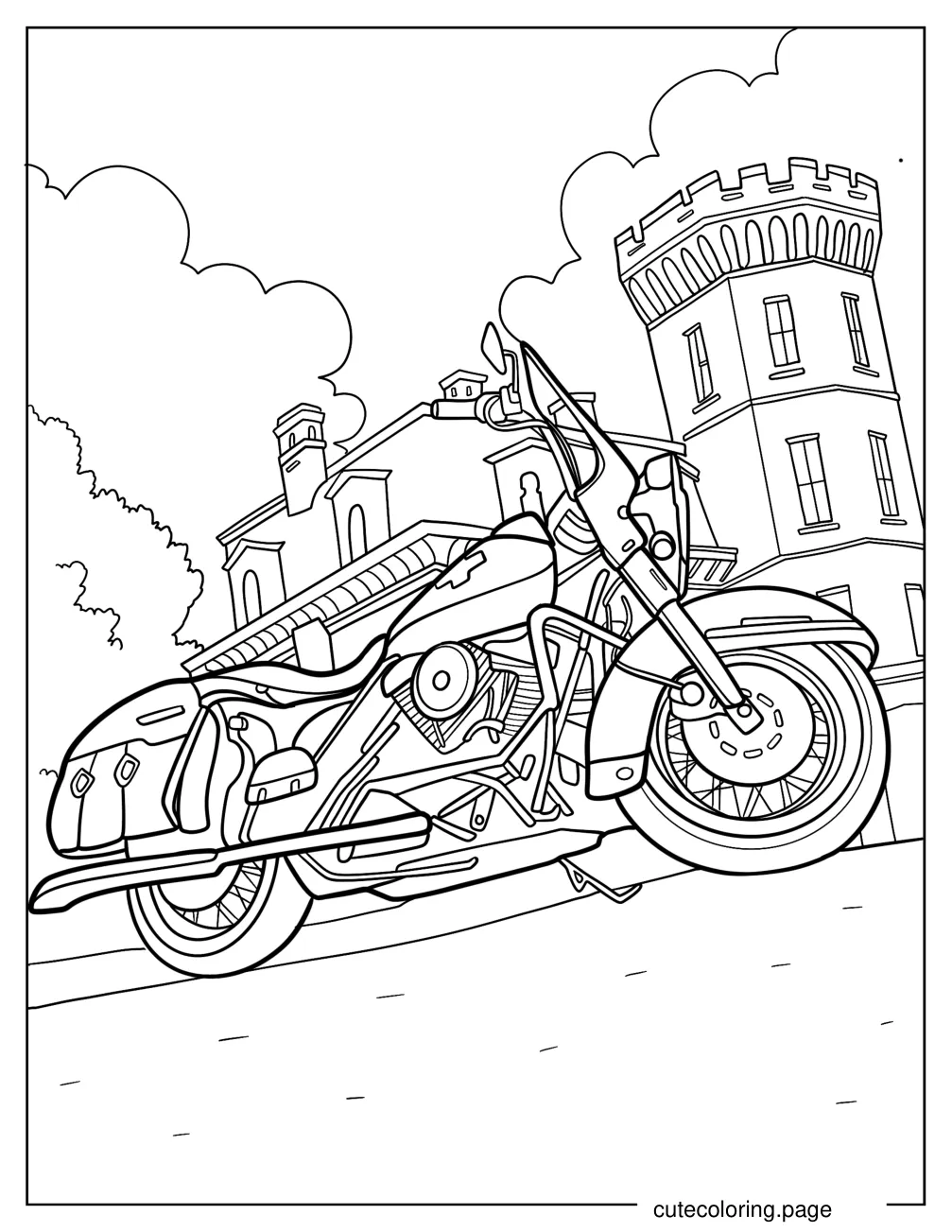 Vintage Harley Davidson Motorcycle Outside Of A Castle Coloring Page coloring page