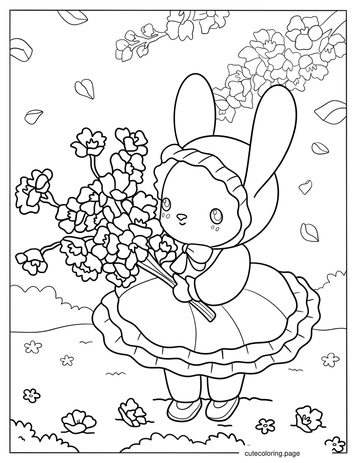 Adorable Bunny In A Dress With A Flower Bouquet In Spring Coloring Sheet coloring page