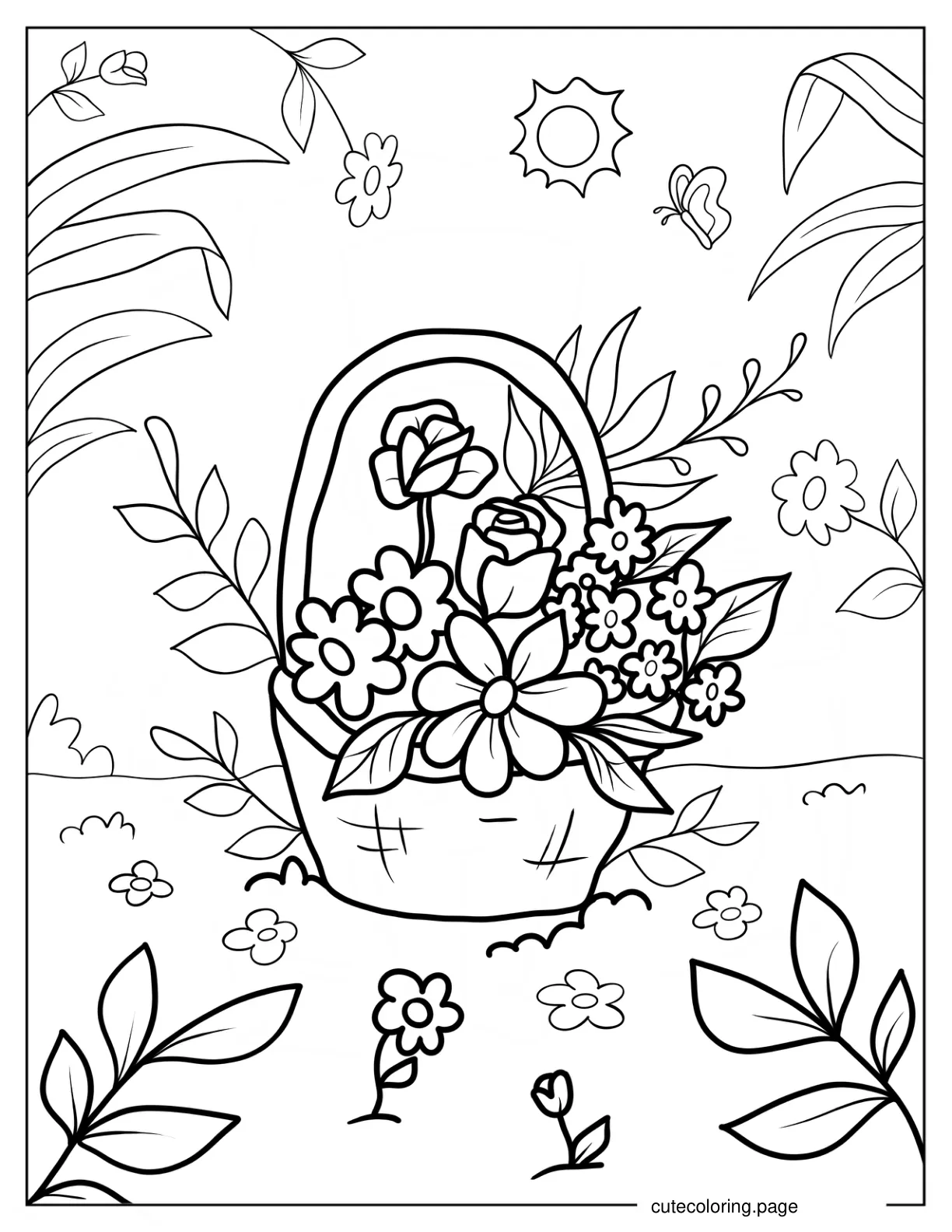 Basket Of Flowers In Spring Garden coloring page