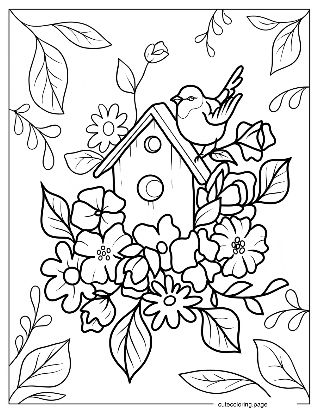 Bird House With Flowers And Bird coloring page