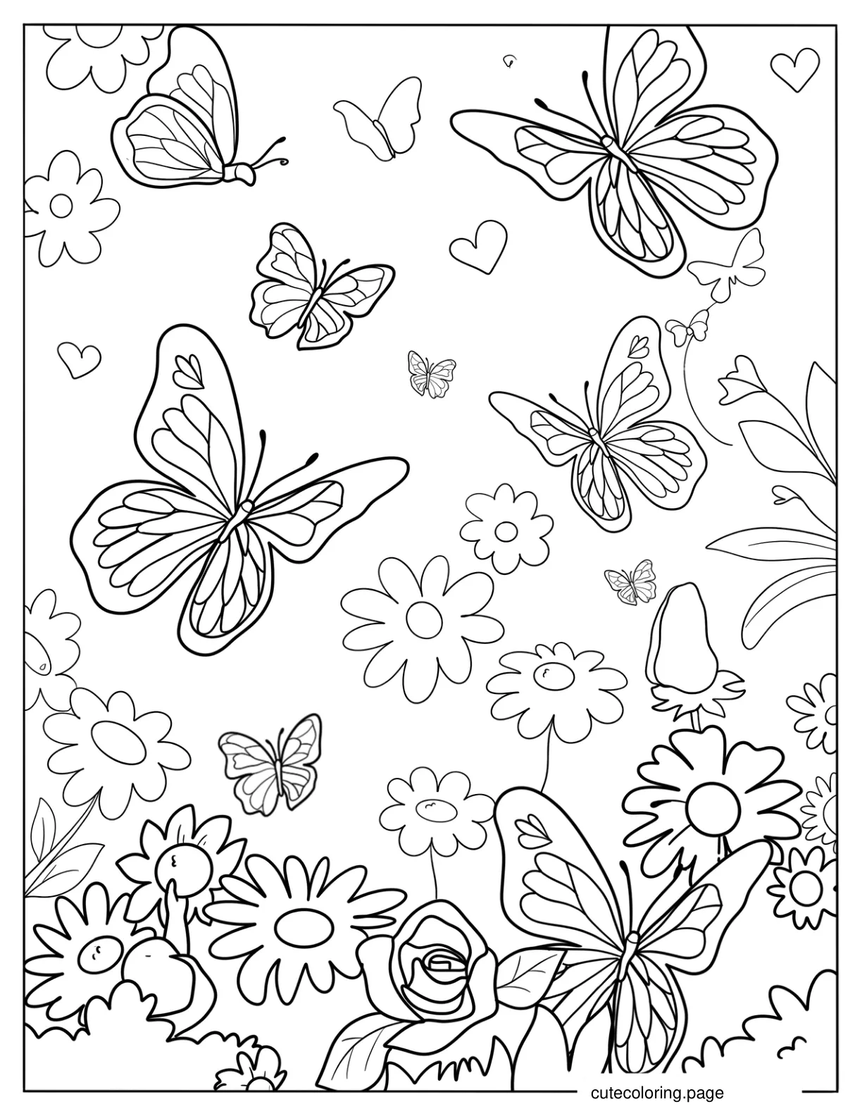 Butterflies Hovering Above Flowers In Spring coloring page