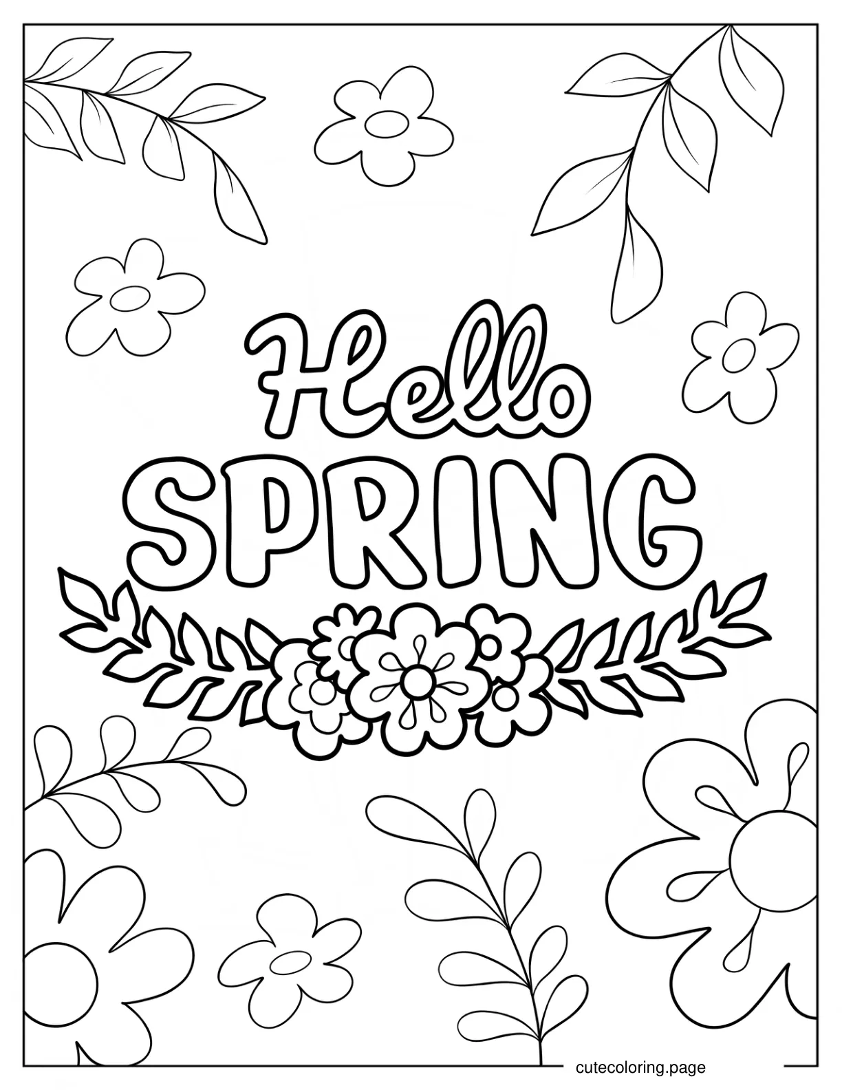 Calligraphy Hello Spring With Flower Wreath Coloring Page coloring page