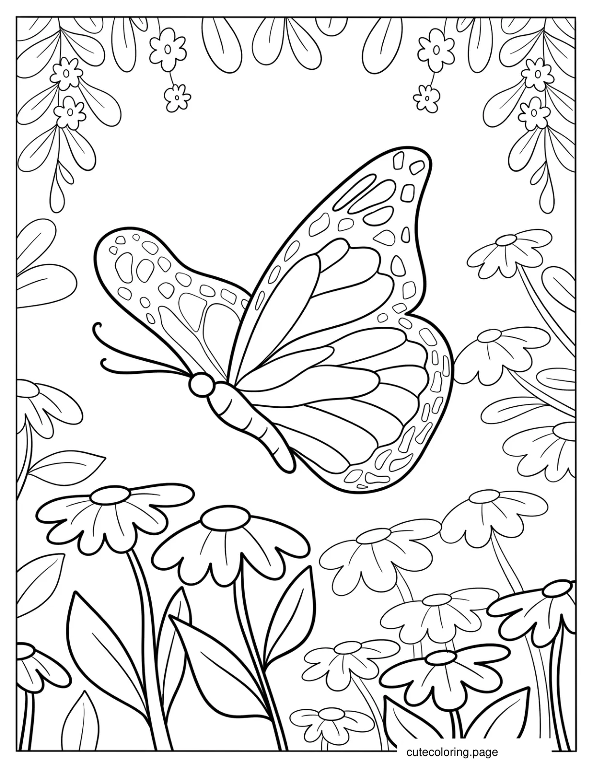 Cartoon Butterfly Hovering Above Daisies In Spring Coloring Page coloring page