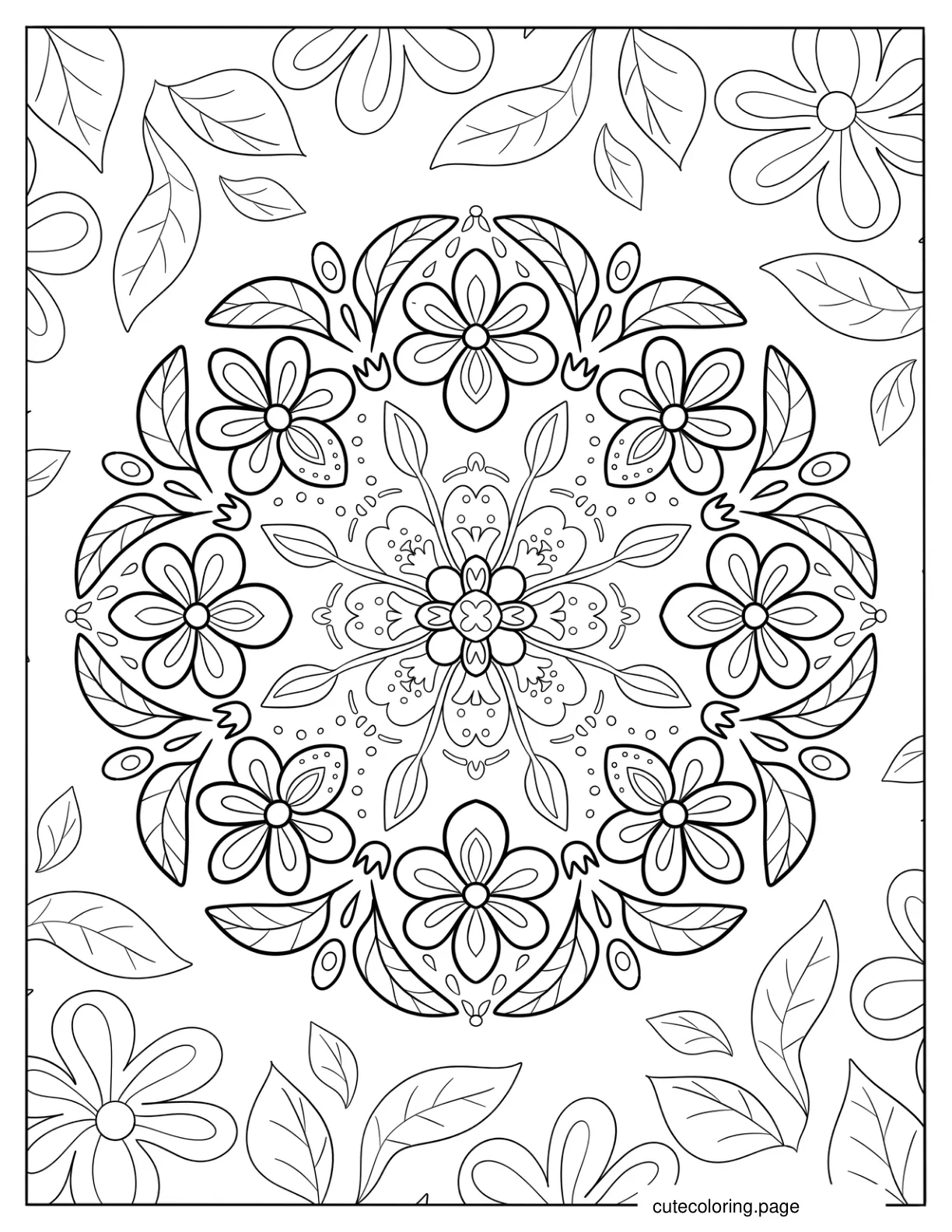 Circle Flower Mandala With Leaves Coloring Page coloring page