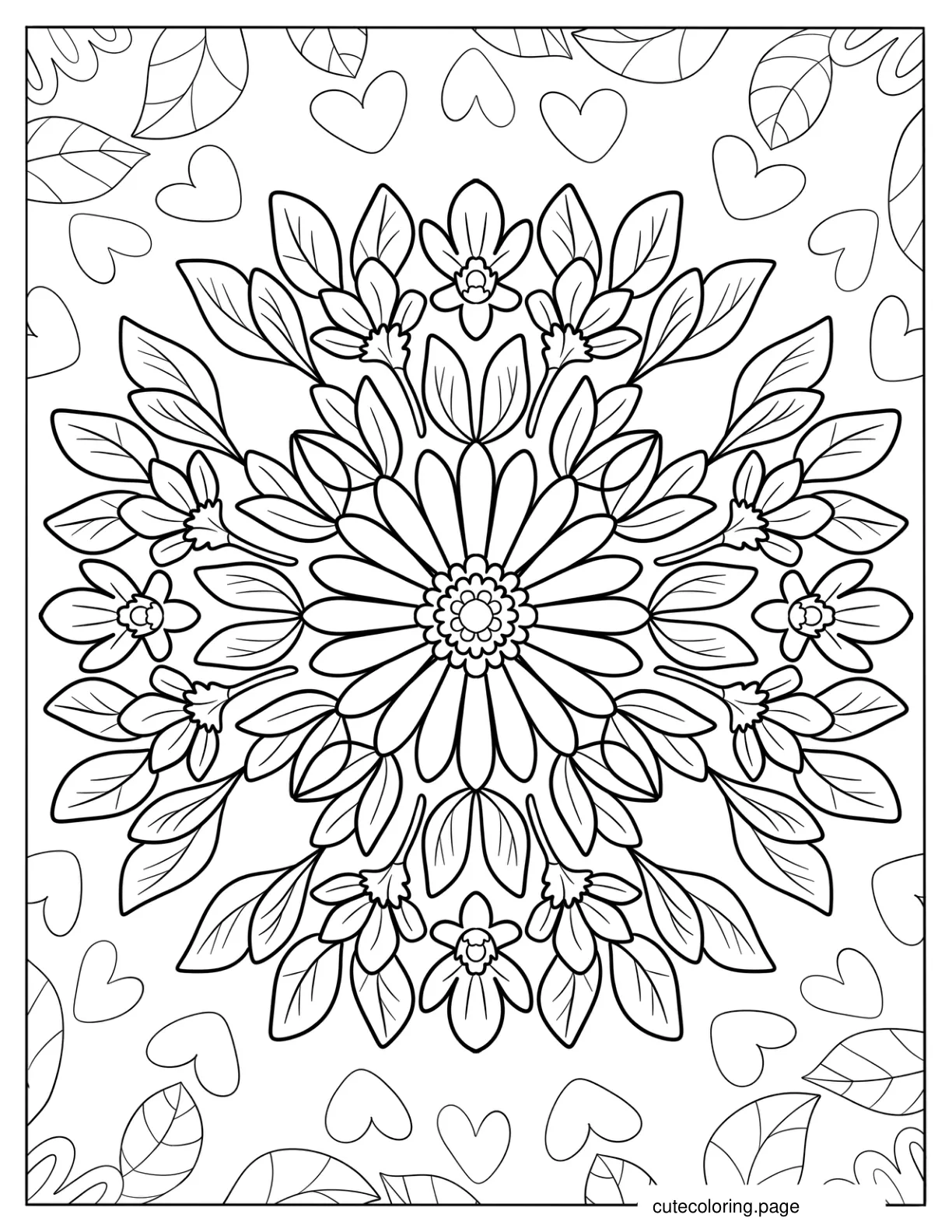 Detailed Flower Mandala With Loose Petals And Leaves Coloring Page coloring page