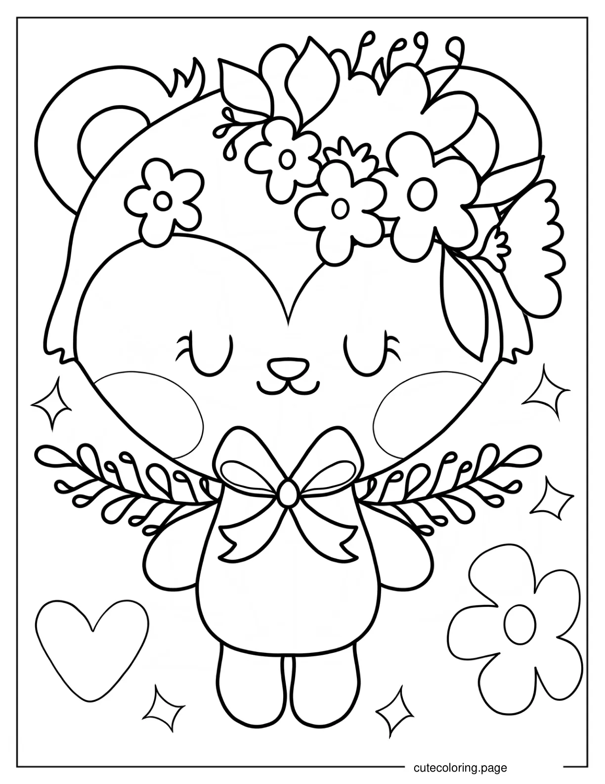 Easy Cartoon Bear With Flower Crown And Bow Coloring Sheet coloring page