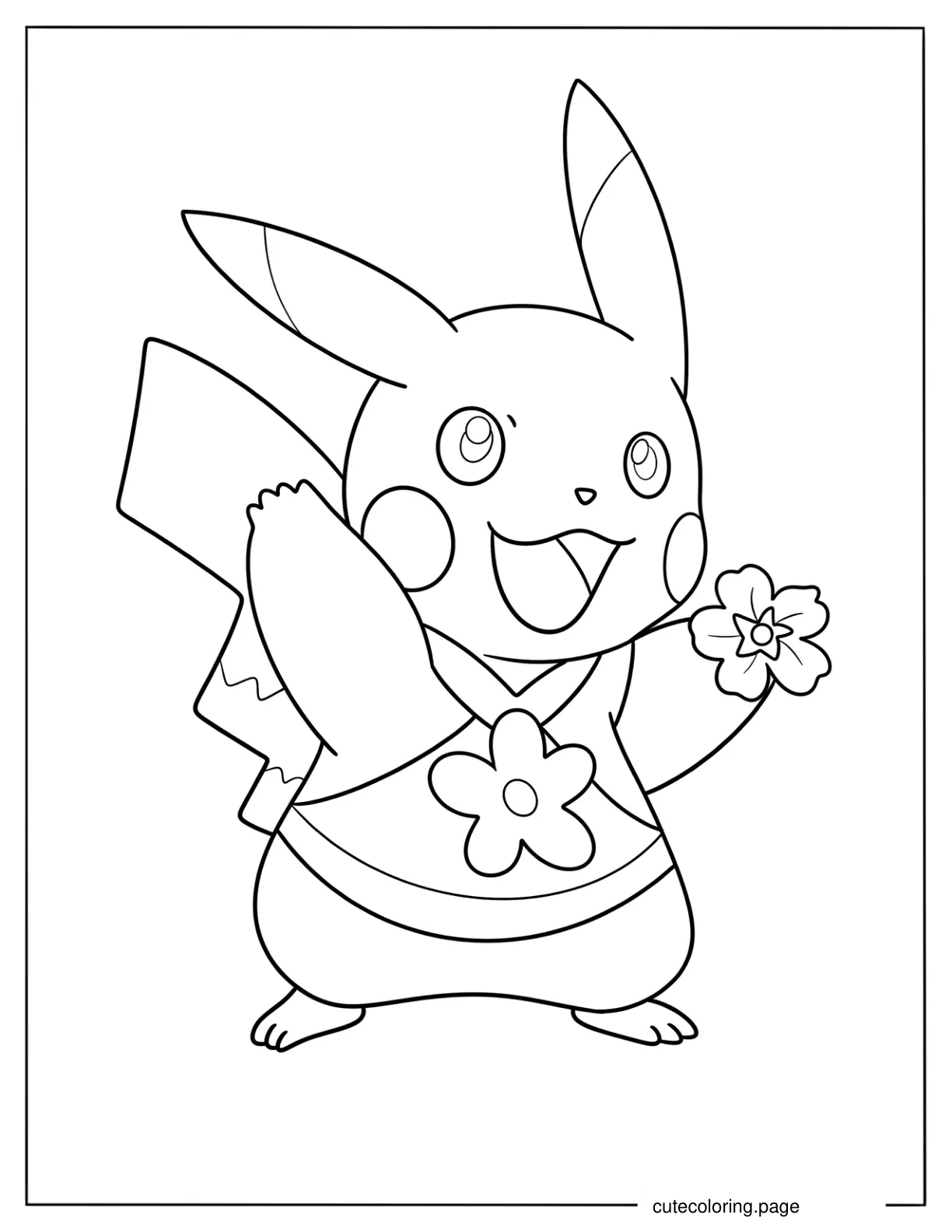Easy PIkachu Holding A Flower In Spring Coloring Sheet For Kids coloring page