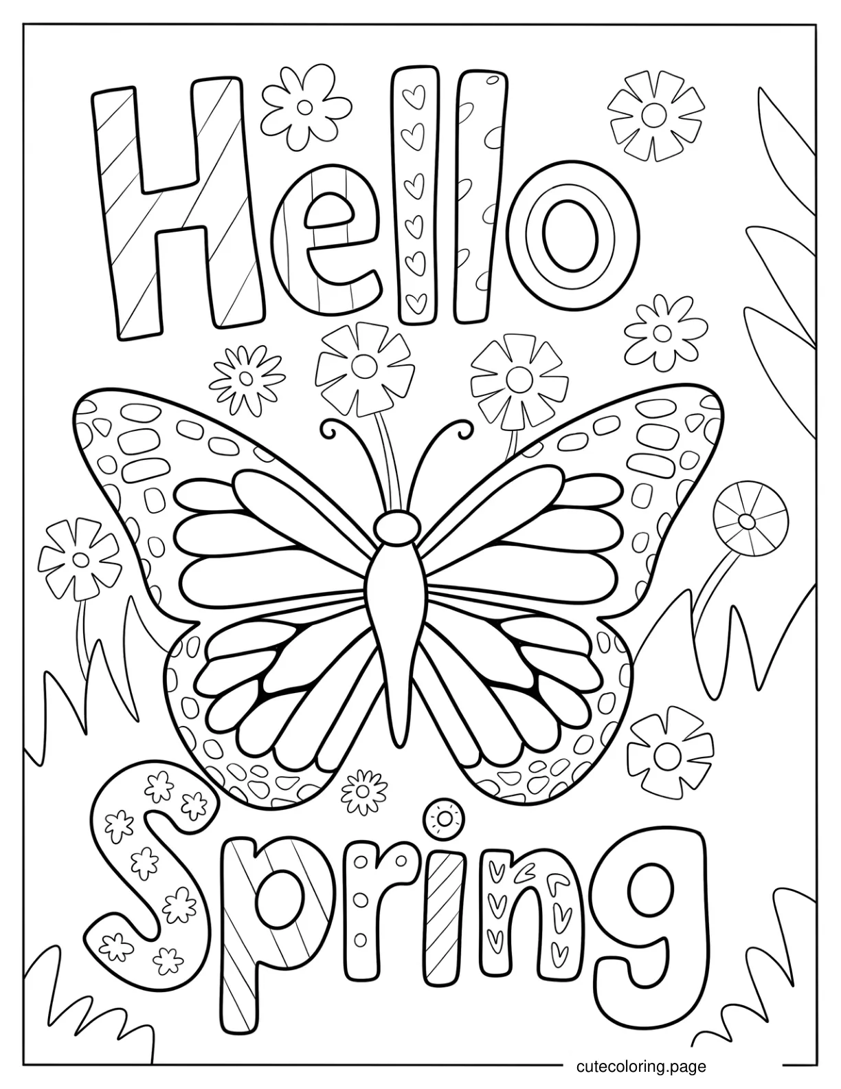 Festive Hello Spring Words With Butterfly In The Garden coloring page