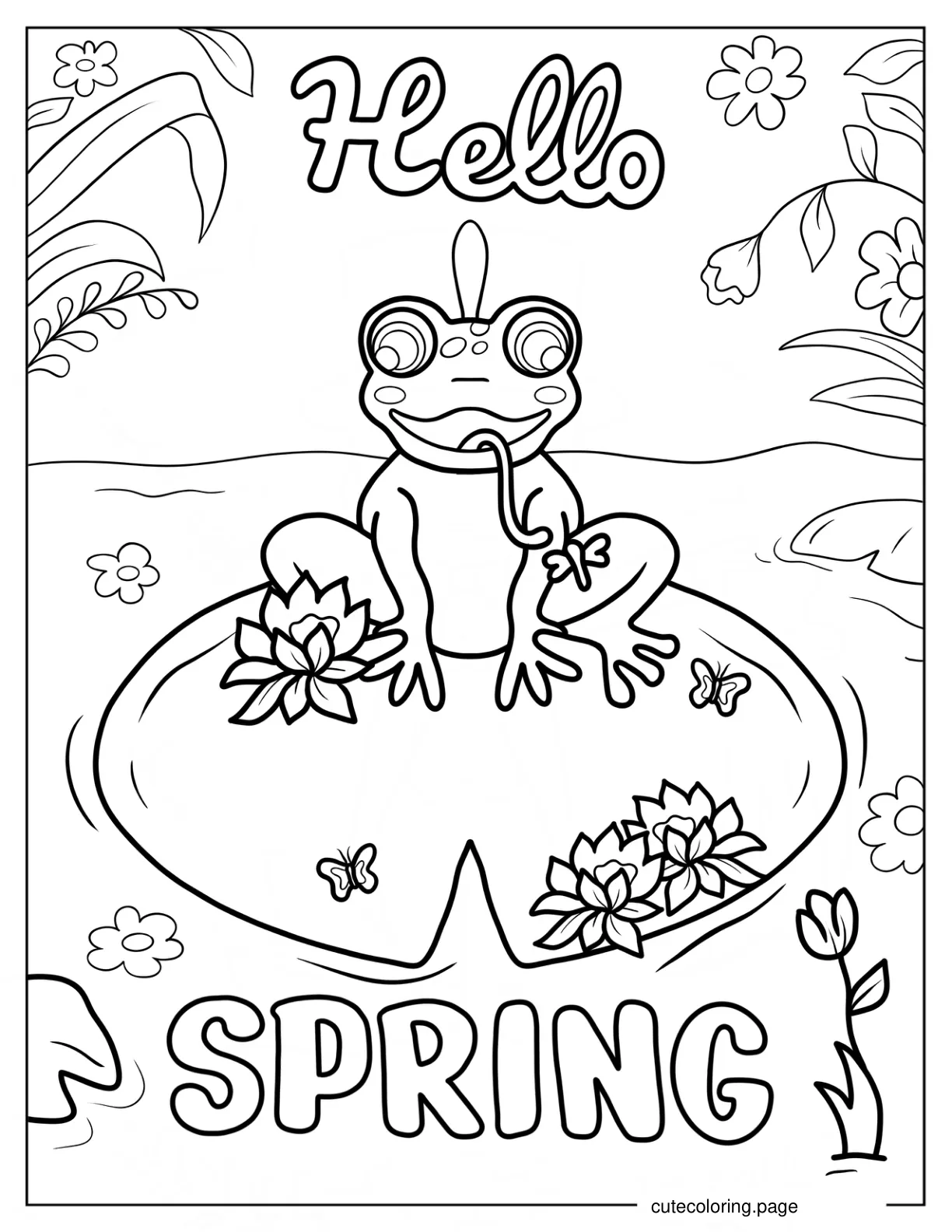 Frog On Lily Pad In Spring Coloring Sheet coloring page