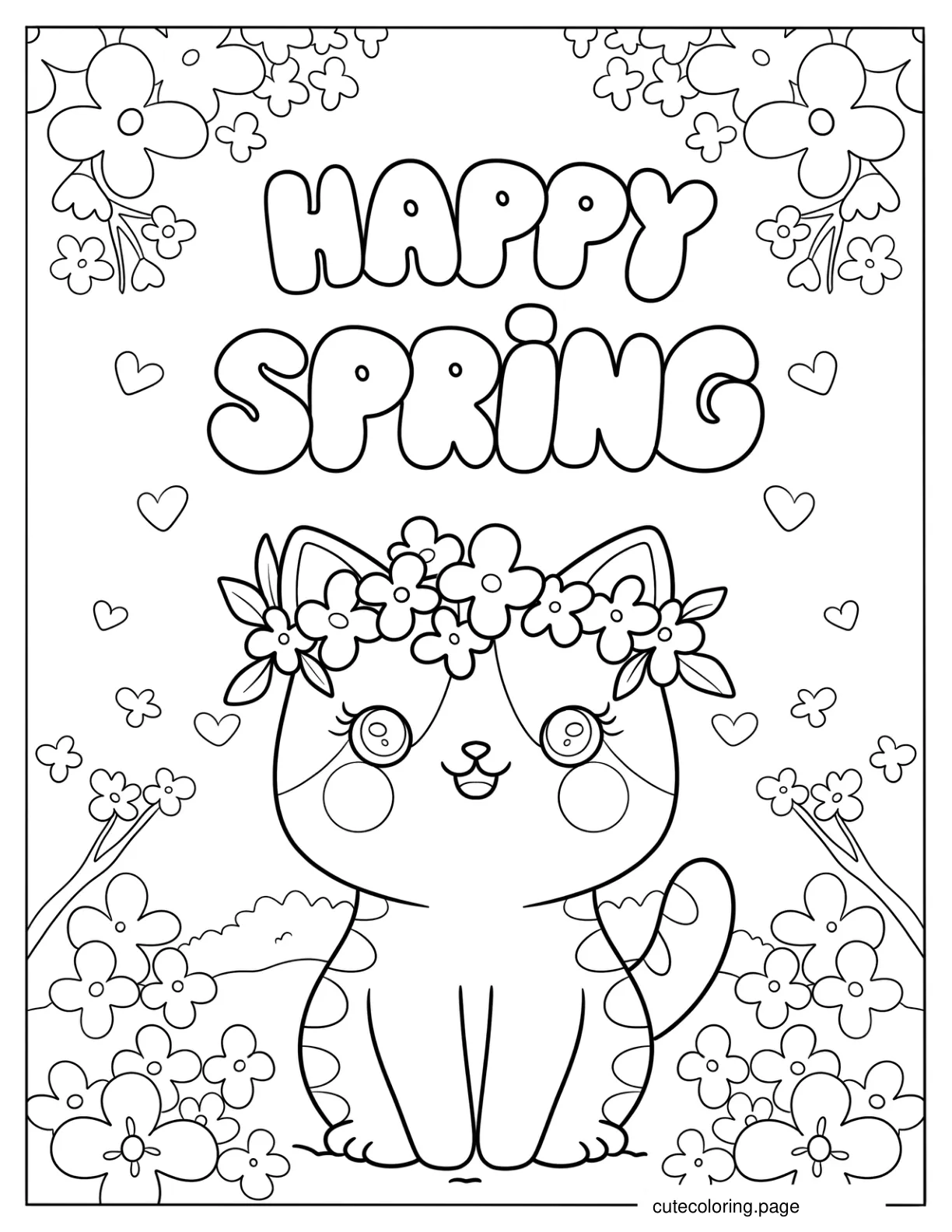 Happy Spring Words Above A Cat Wearing A Flower Wreath Coloring Sheet coloring page