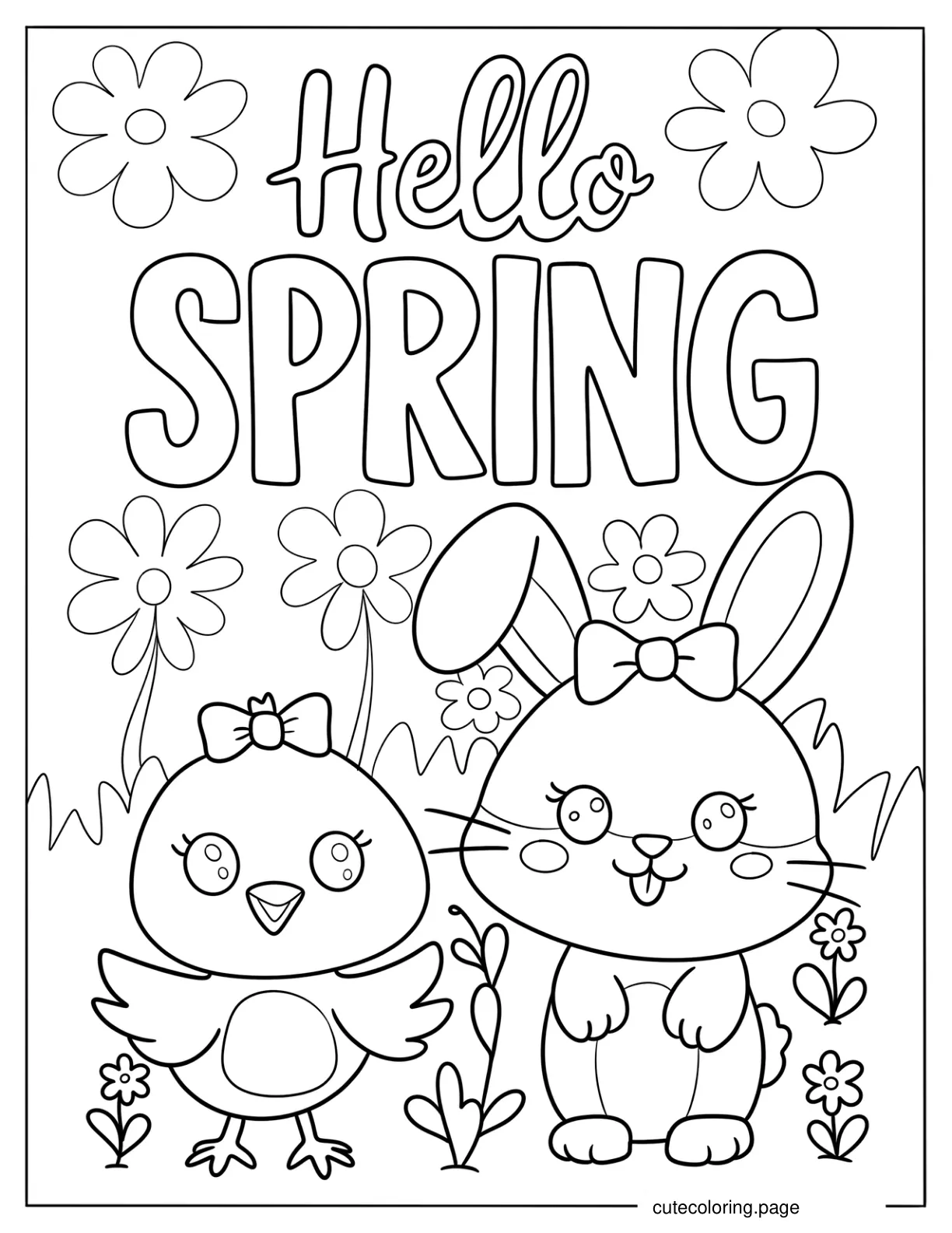Hello Spring Words Above Rabbit And Bird In Spring Coloring Page coloring page