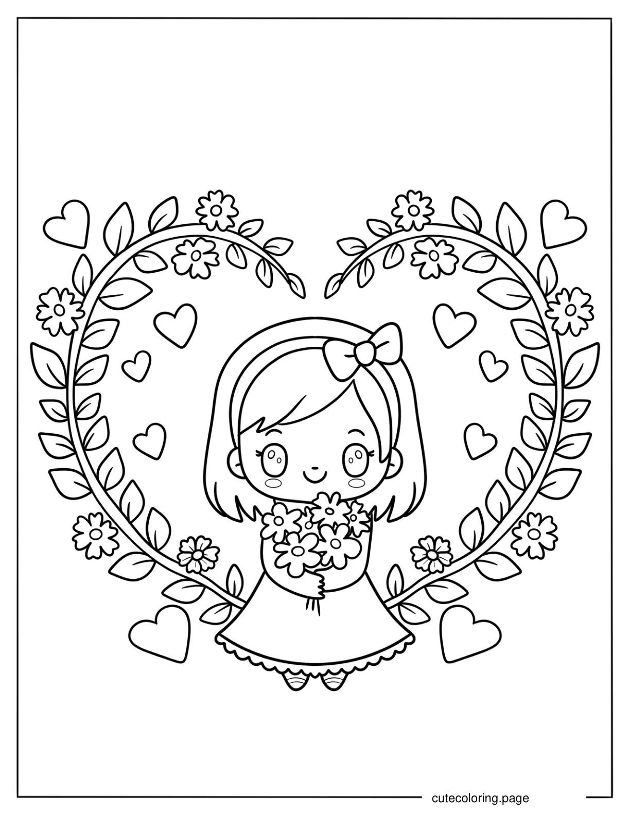 Kawaii Chibi Girl Standing In The Middle Of A Floral Love Heart coloring page