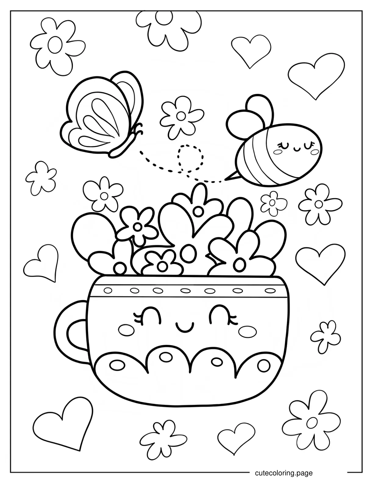 Kawaii Flower Pot With Bee And Butterfly Coloring Page For Kids coloring page