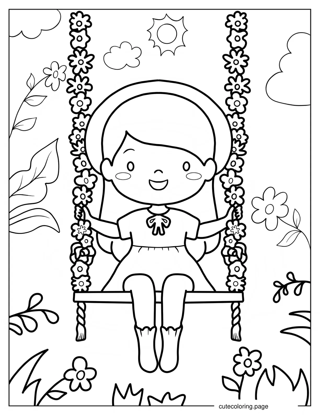 Kawaii Girl On Floral Swing In Spring Coloring Page For Kids coloring page