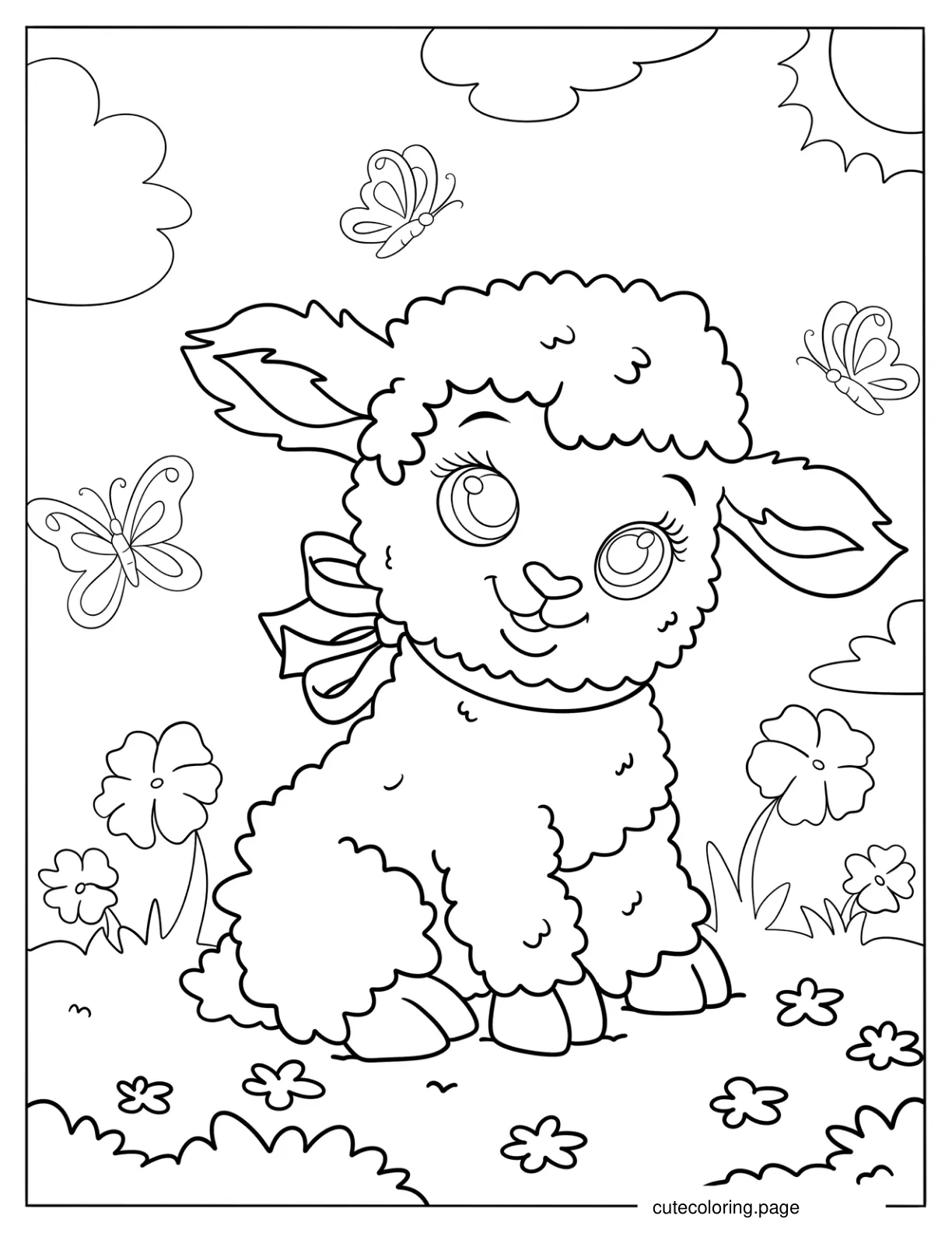 Kawaii Sheep With A Bow Sitting In The Middle Of A Garden In Spring coloring page