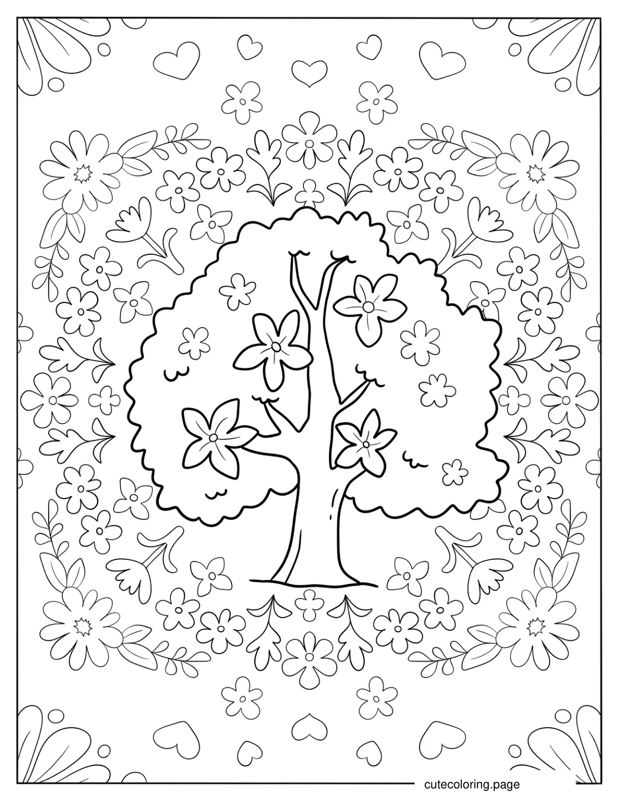 Large Tree Blooming Flowers In Spring Coloring Page coloring page