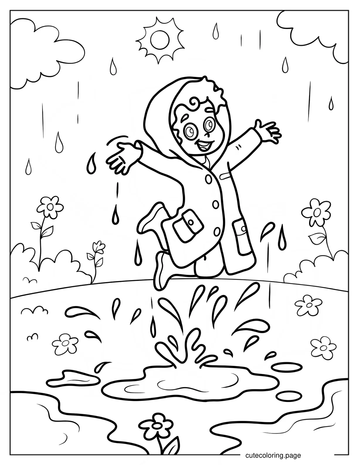 Little Boy Dancing In Spring Rain Coloring Page For Kids coloring page