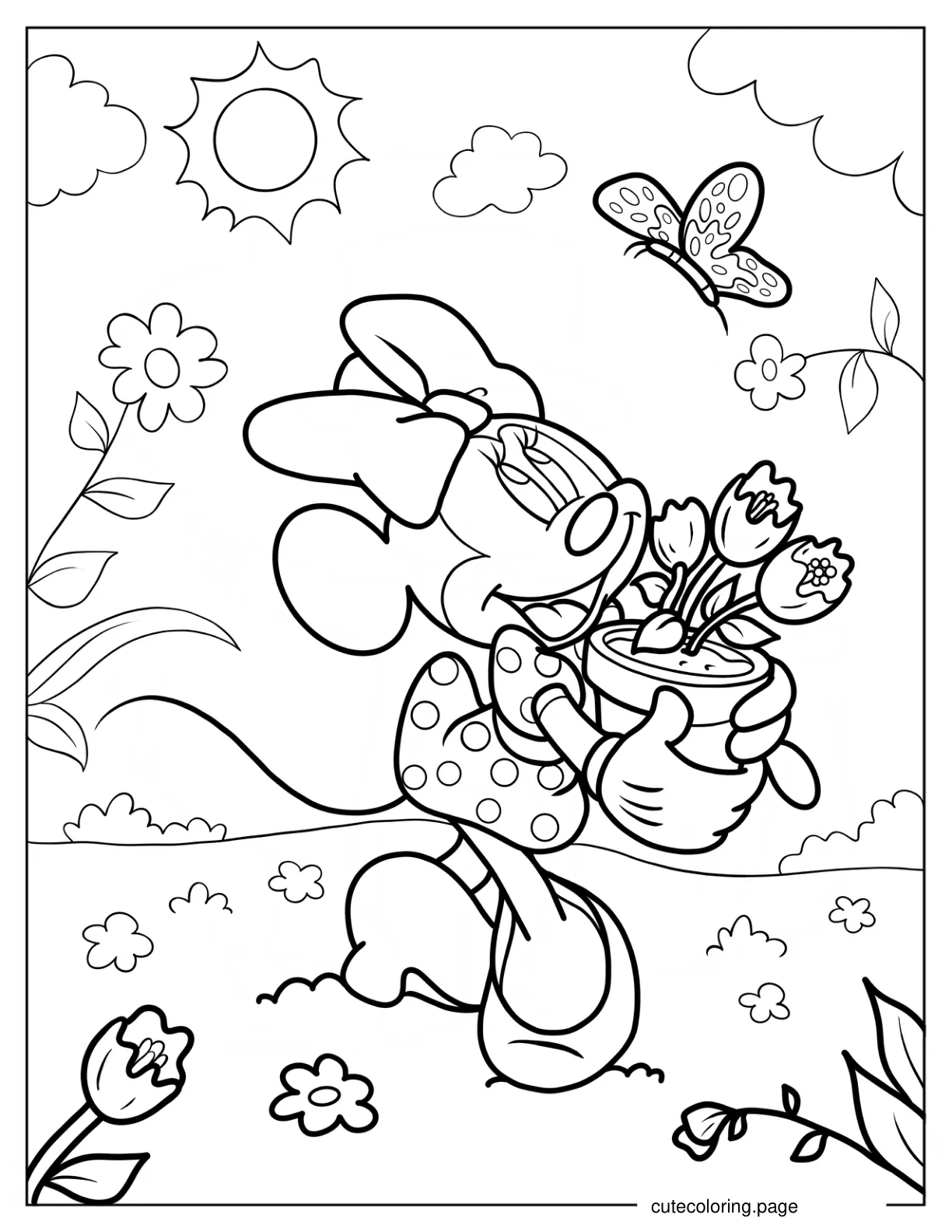 Minnie Mouse Carrying Spring Flower Pot coloring page