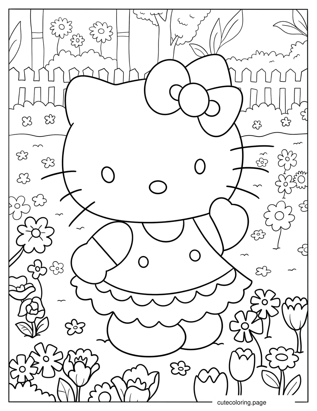 Pretty Hello Kitty In A Flower Garden In Spring Coloring Sheet For Kids coloring page