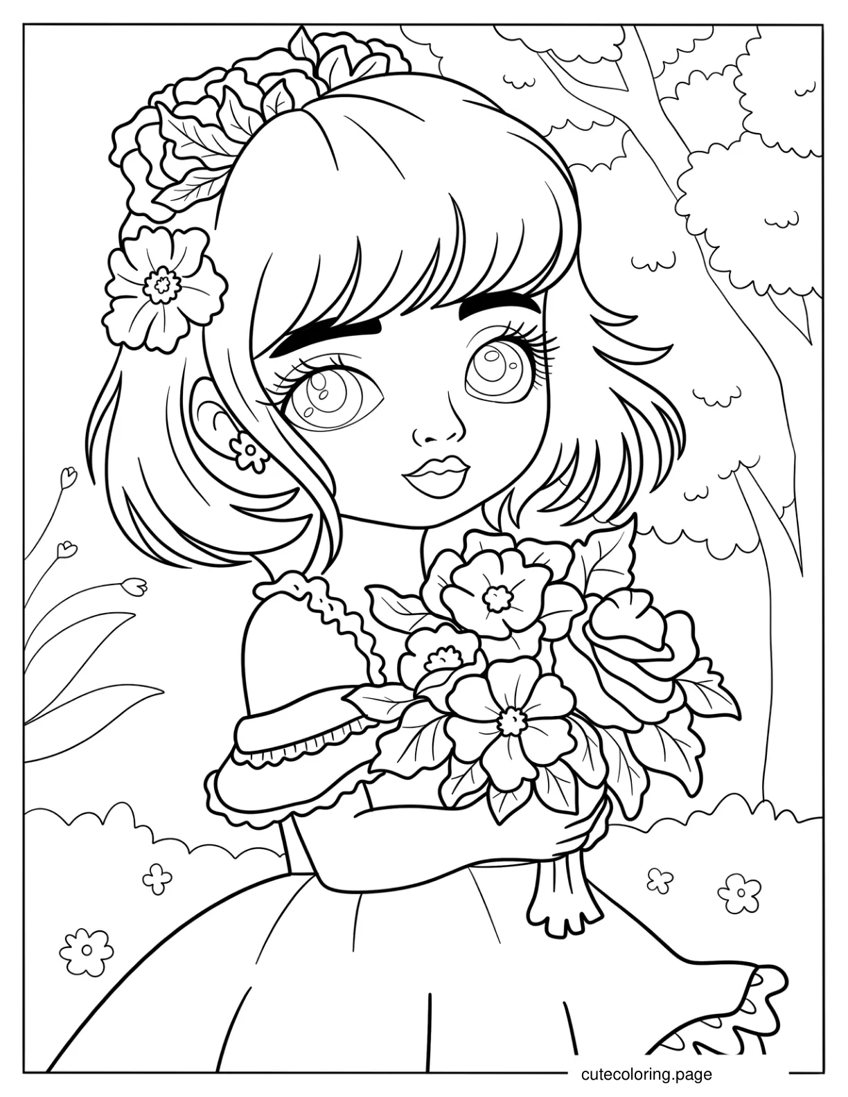 Pretty Little Girl Holding A Flower Bouquet In Spring Coloring Page For Kids coloring page