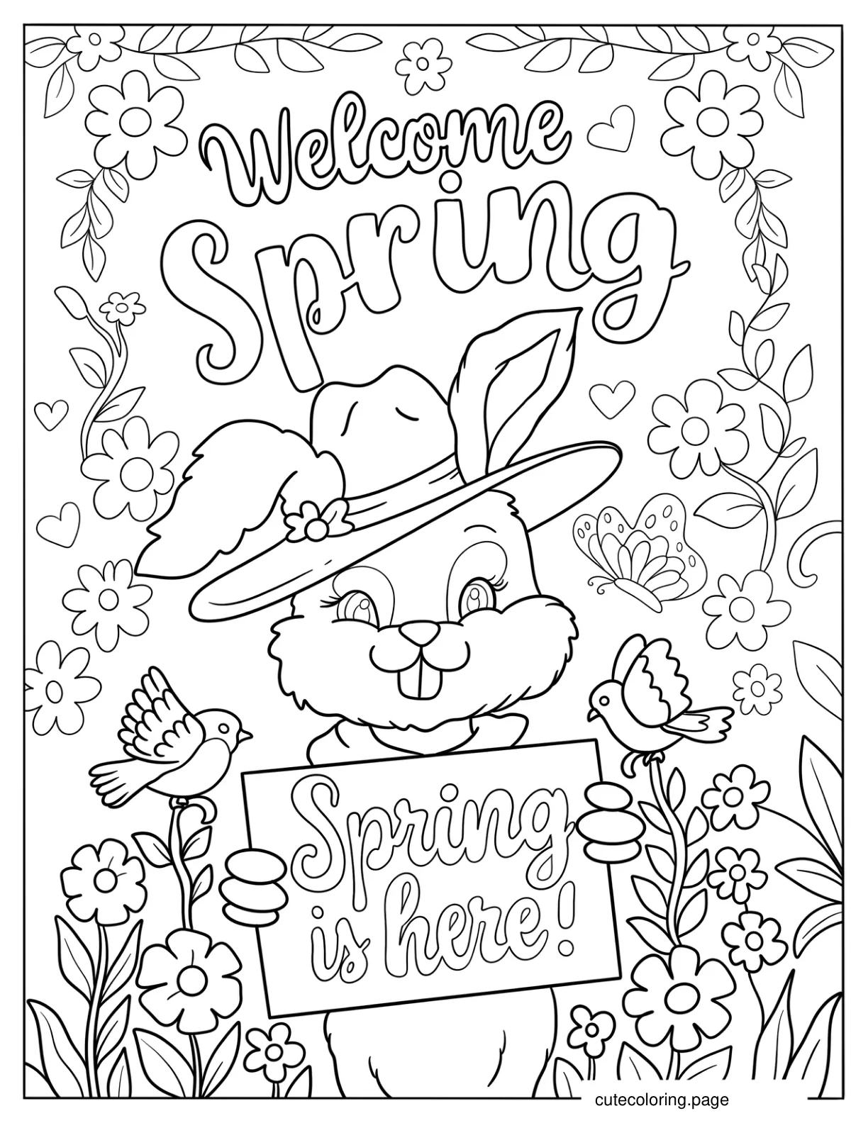 Rabbit Holding A Spring Is Here Sign Coloring Sheet coloring page
