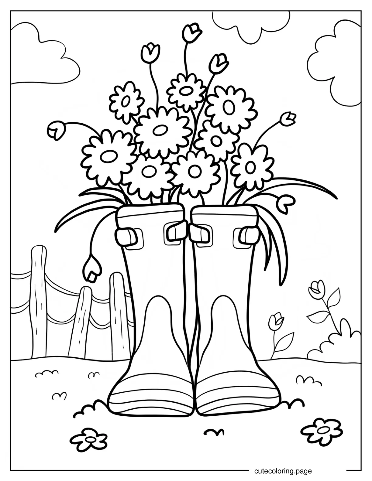 Rainboots Filled With Spring Wildflowers Coloring Page coloring page