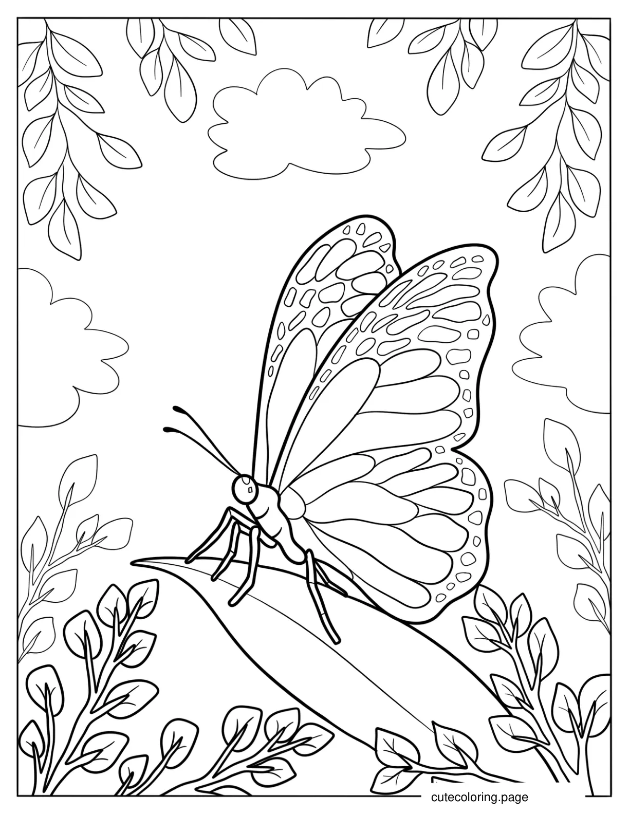 Realistic Butterfly Perched On A Leaf In Spring coloring page