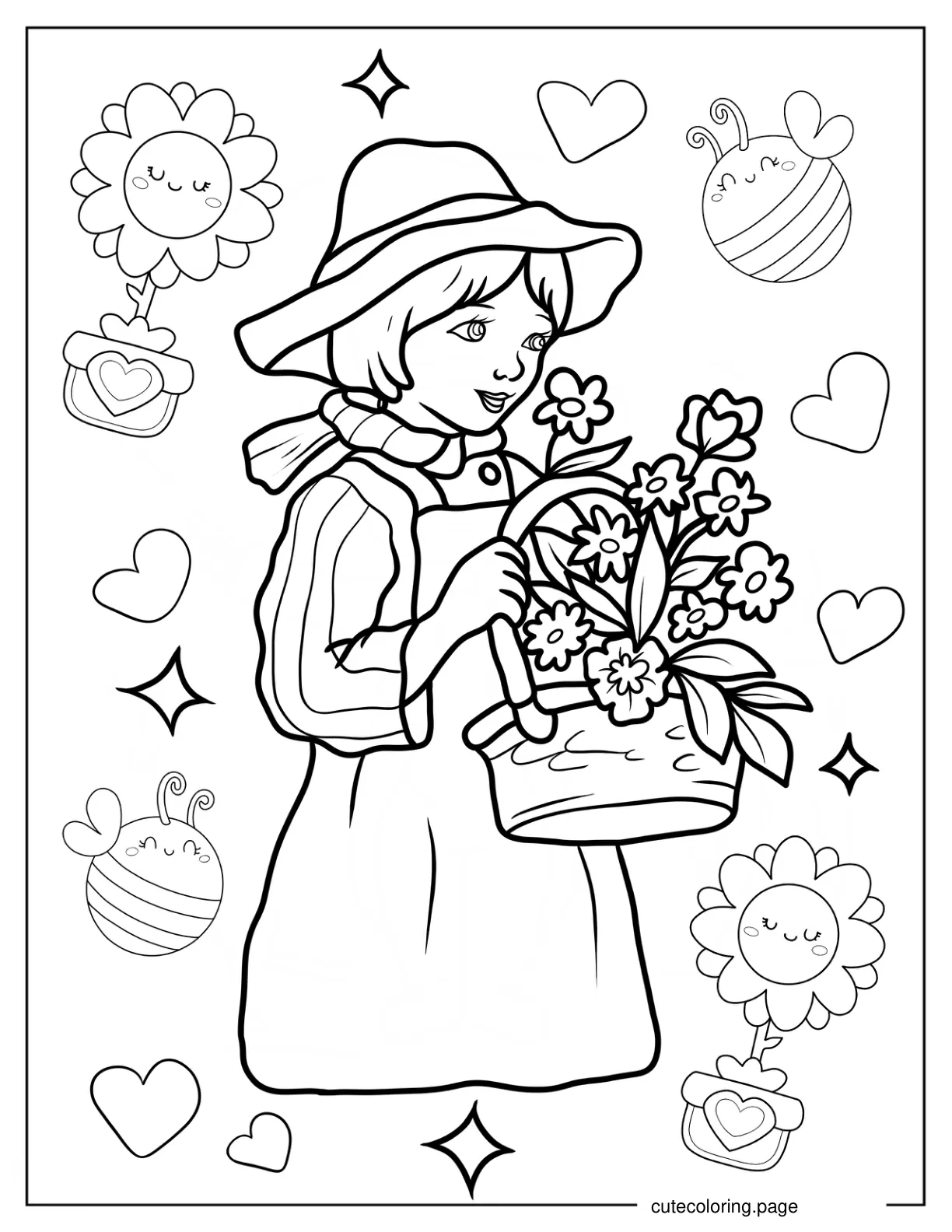 Realistic Little Girl Holding Basket Of Spring Flowers coloring page