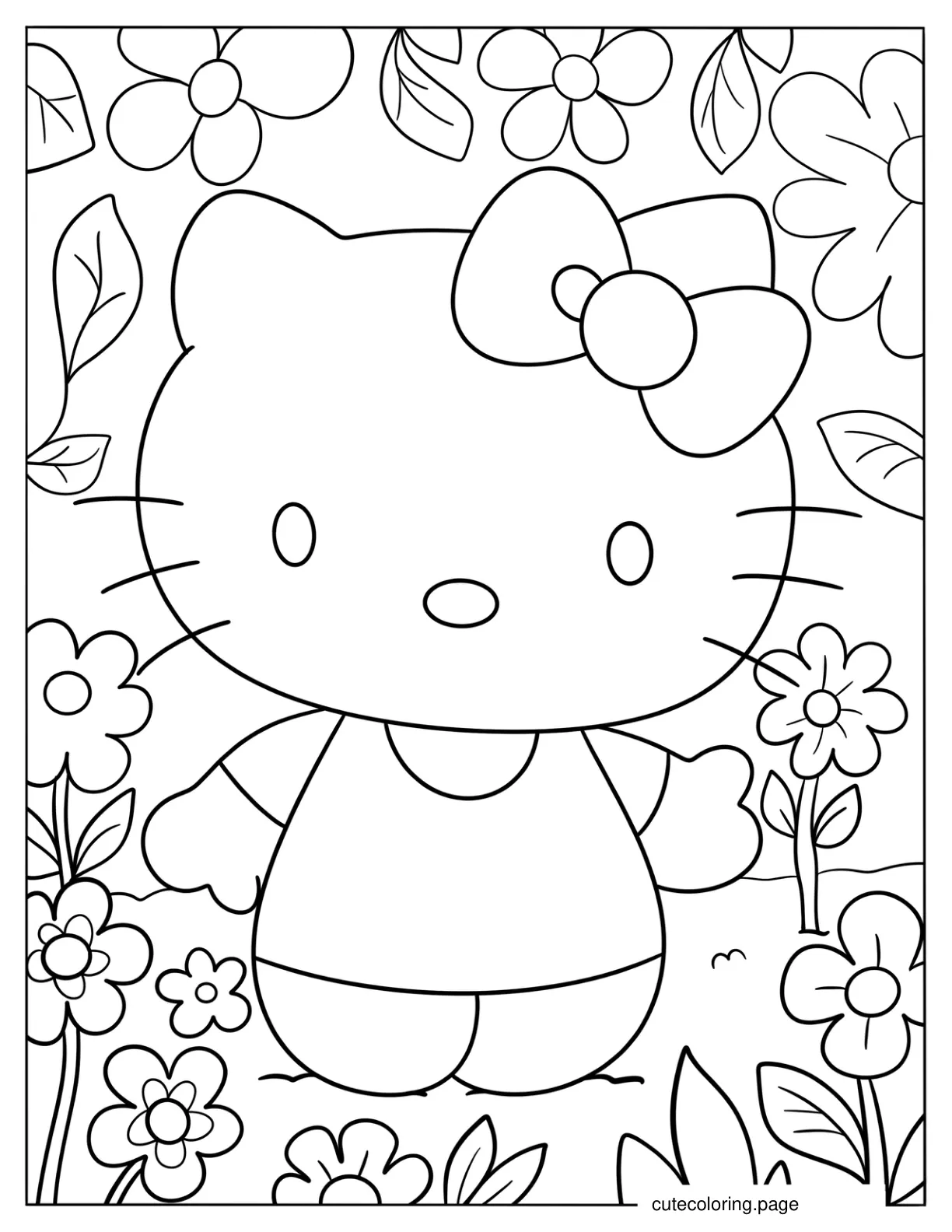 Simple Hello Kitty Surrounded By Daisies Coloring Page For Kids coloring page
