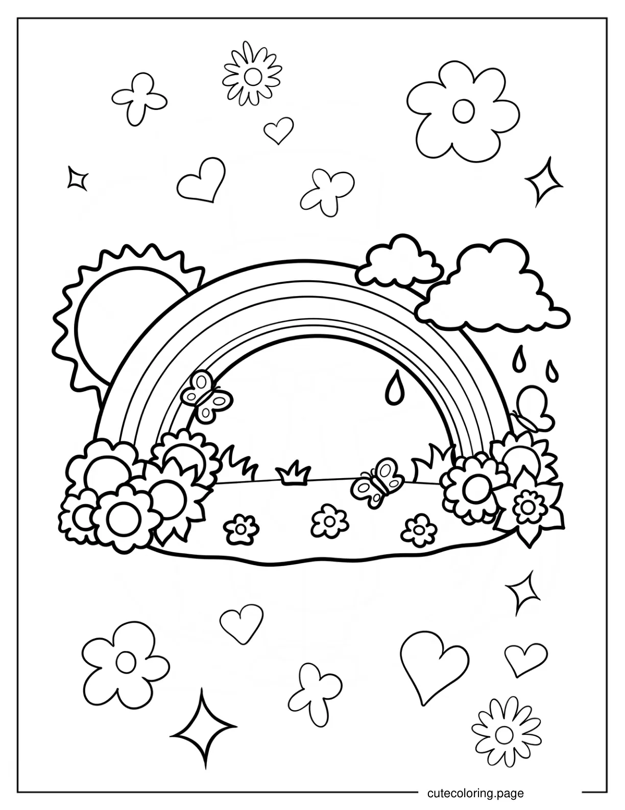 Spring Sun Rainbow And Flower Field Coloring Sheet For Preschoolers coloring page