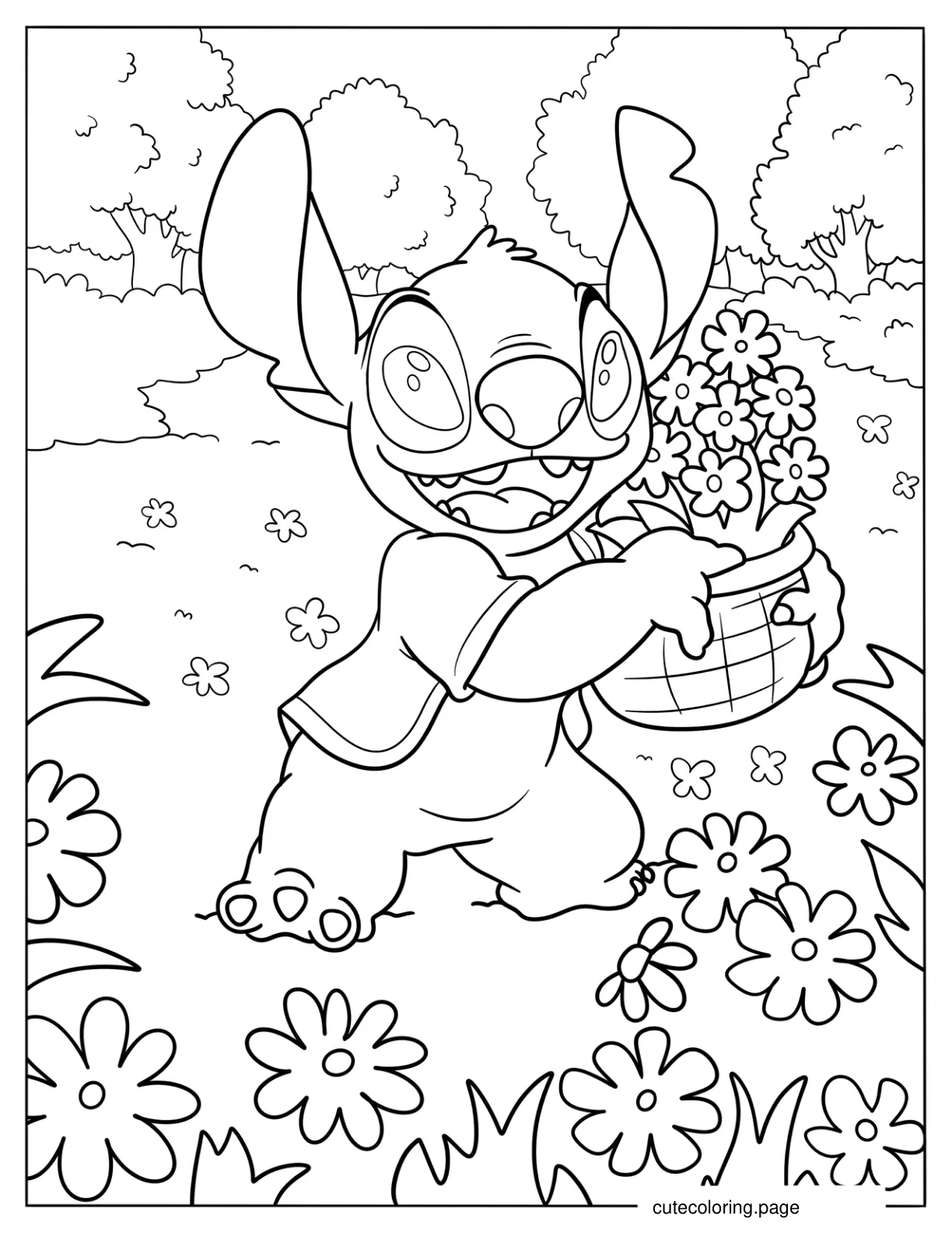 Stitch Carrying A Basket Of Flowers In Spring Coloring Page For Kids coloring page