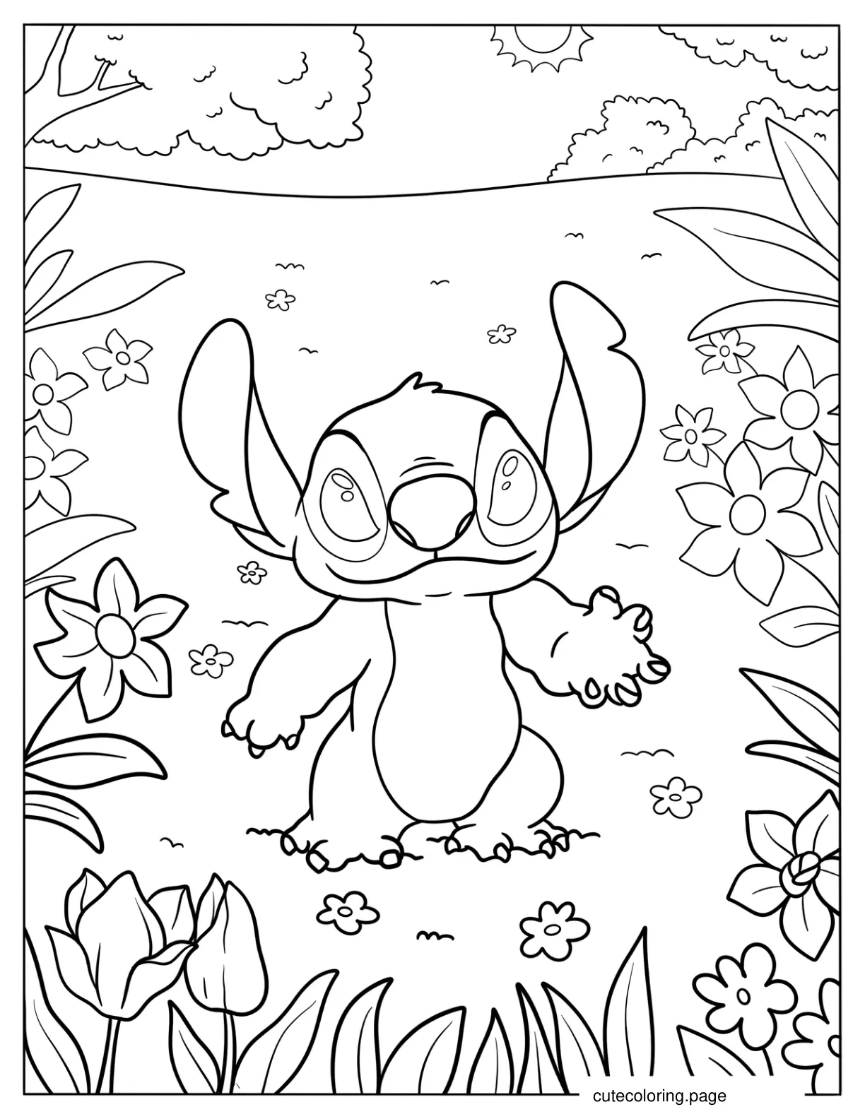 Stitch Smiling At Flowers In Spring Coloring Page coloring page