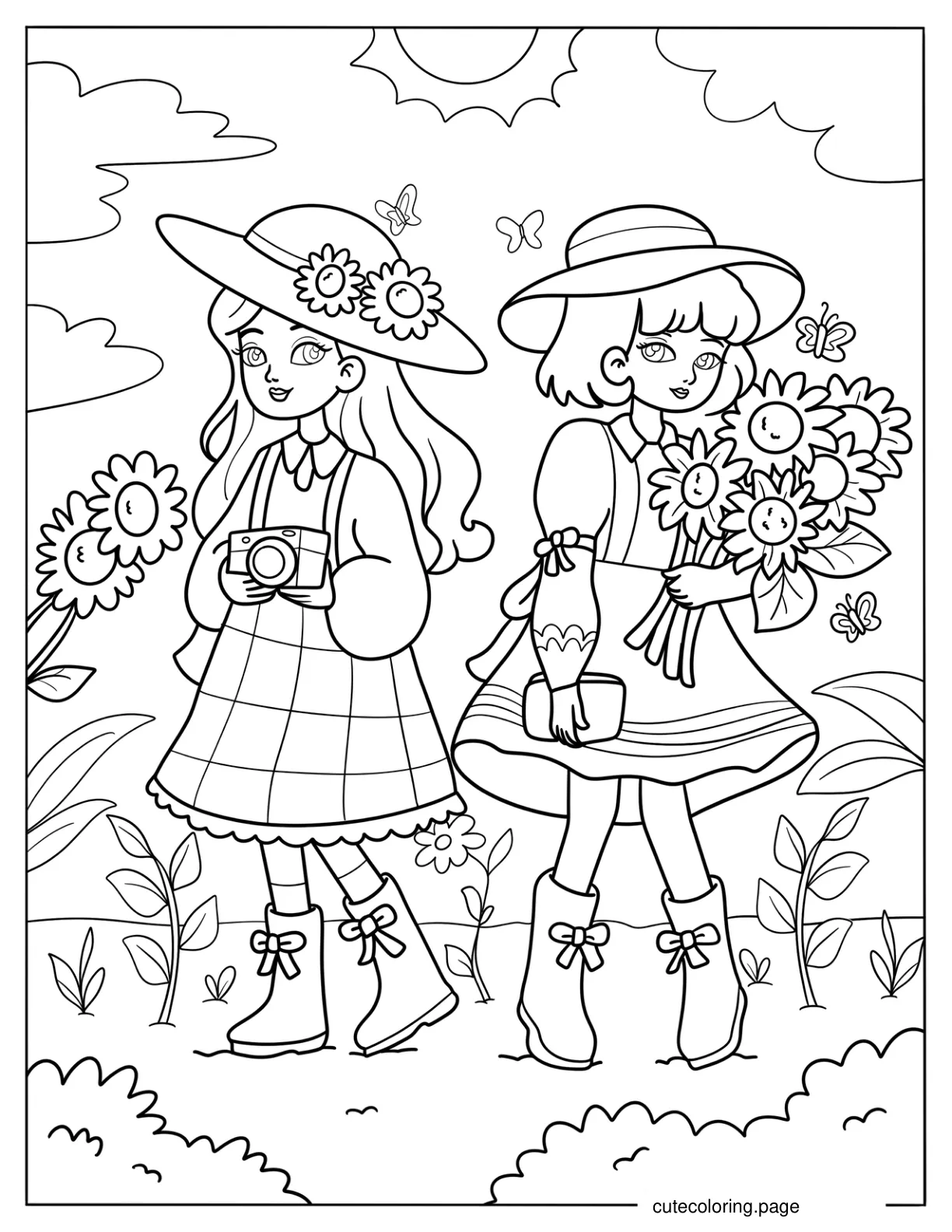 Two Little Girls Harvesting Flowers In Spring Coloring Page For Kids coloring page