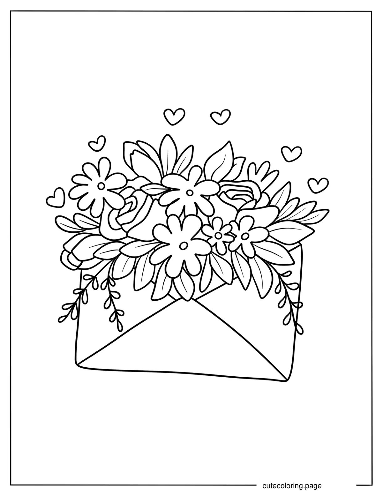 Wildflowers Bursting From An Envelope In Spring Coloring Sheet For Kids coloring page
